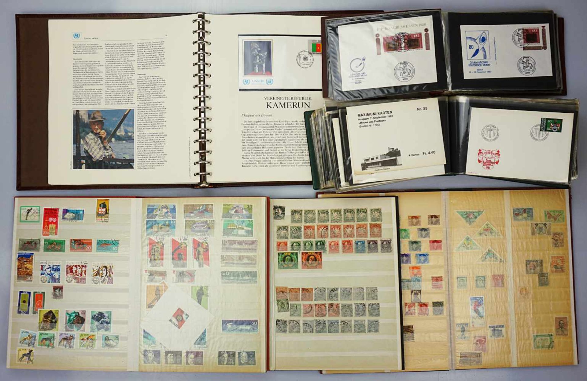 1 Konvolut Briefmarken, ETB's, Bücher u.a. Bayern, Dt. Reich, DDR, BRDsowie 1 kleines Konvolut