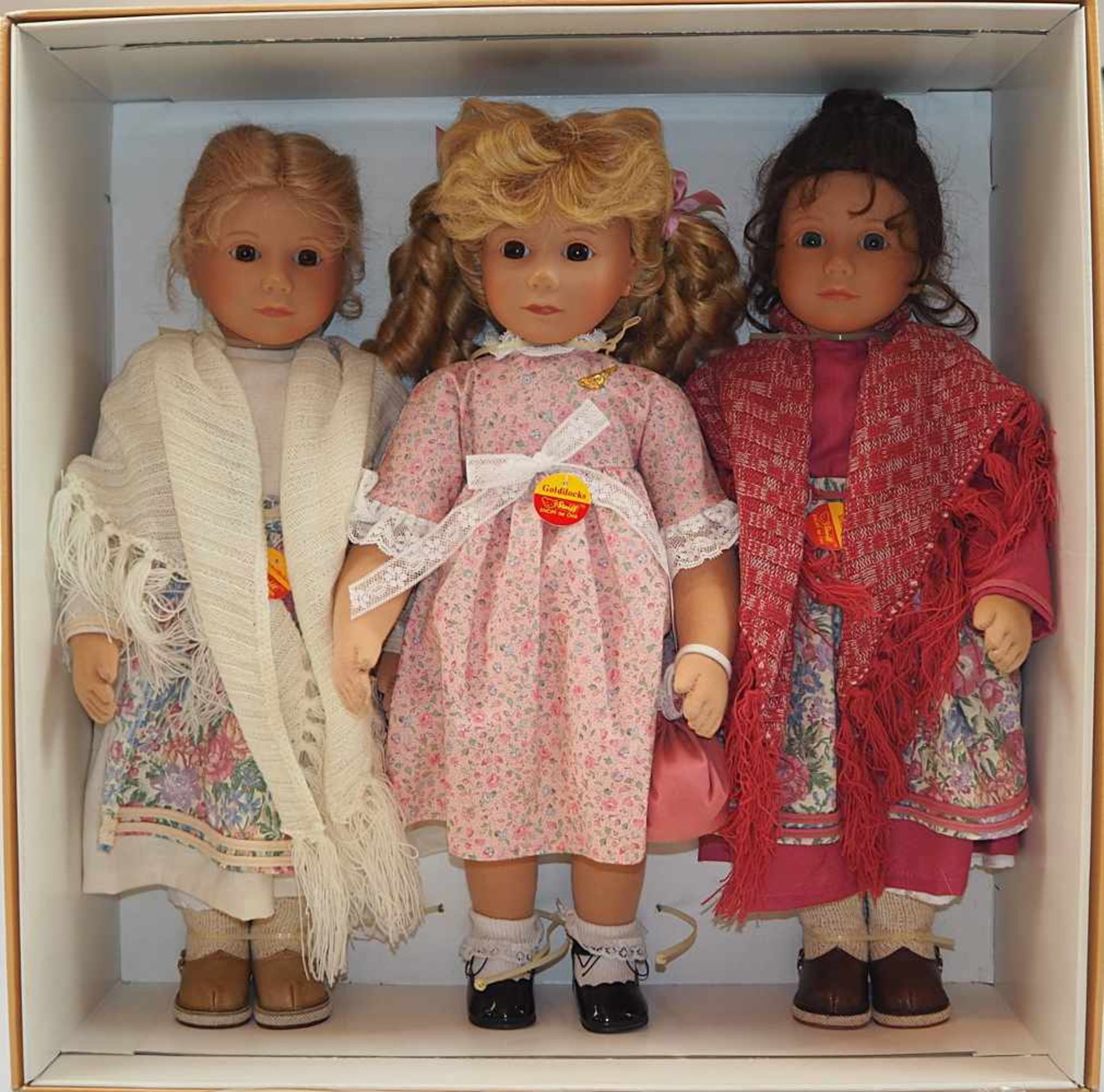 3 Puppen STEIFF "Schneeweißchen und Rosenrot" "Goldilocks"jew. limitierte Auflagen/mit
