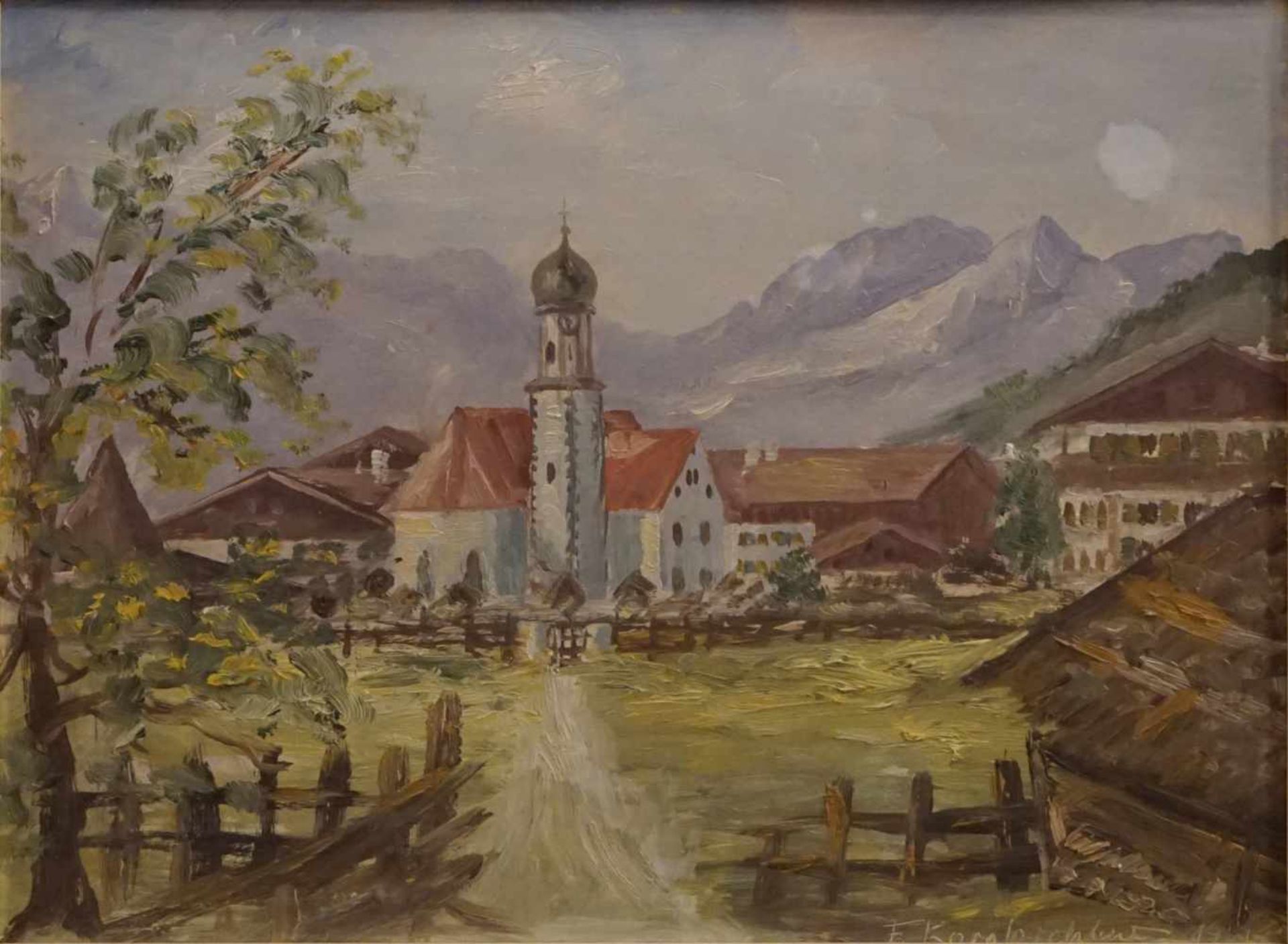1 Ölgemälde "Wallgau mit Kirche" R.u. sig. F. KORNBICHLER(wohl Franz K. 1909-1980) Öl/Pl. ca.