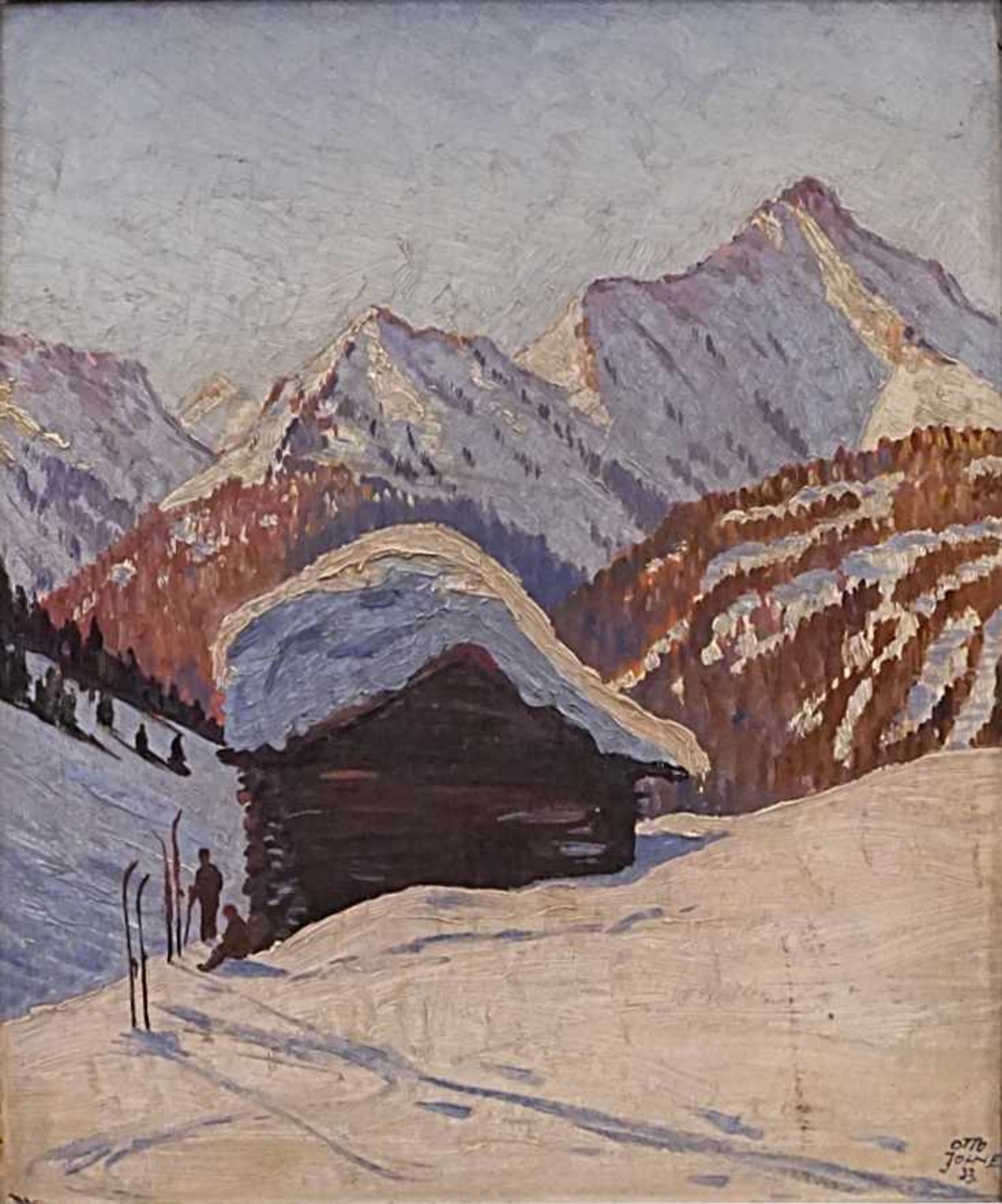 1 Ölgemälde "Winterlandschaft mit Skifahrern" R.u. sign. Otto JOHNE(wohl O. Franz J. 1904-1983) Öl/