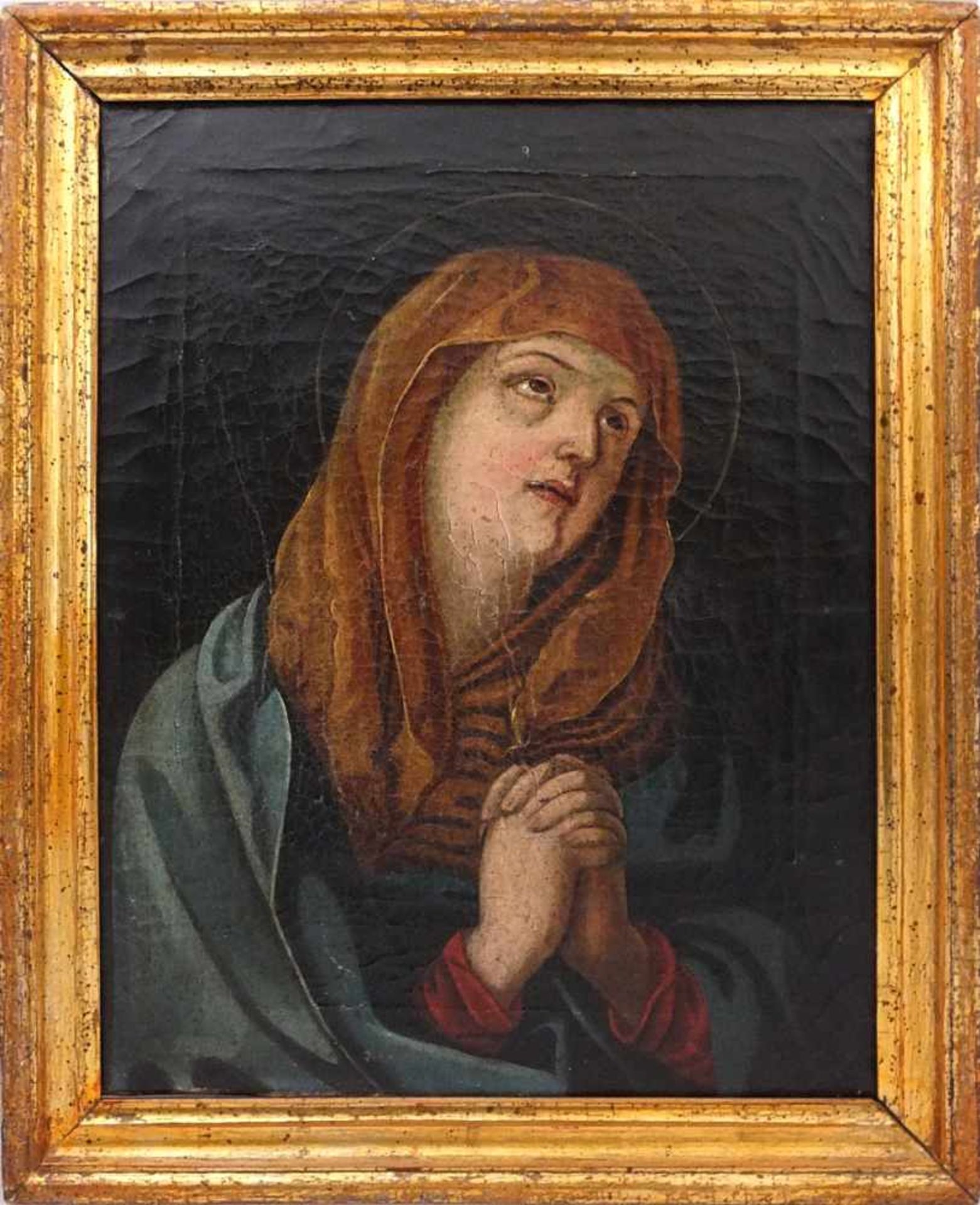 1 Ölgemälde "Betende Maria" wohl 18. Jh.unsign., Öl/Lwd. 33,5x25cm, Craquelé, min. besch., Asp. - Image 2 of 2