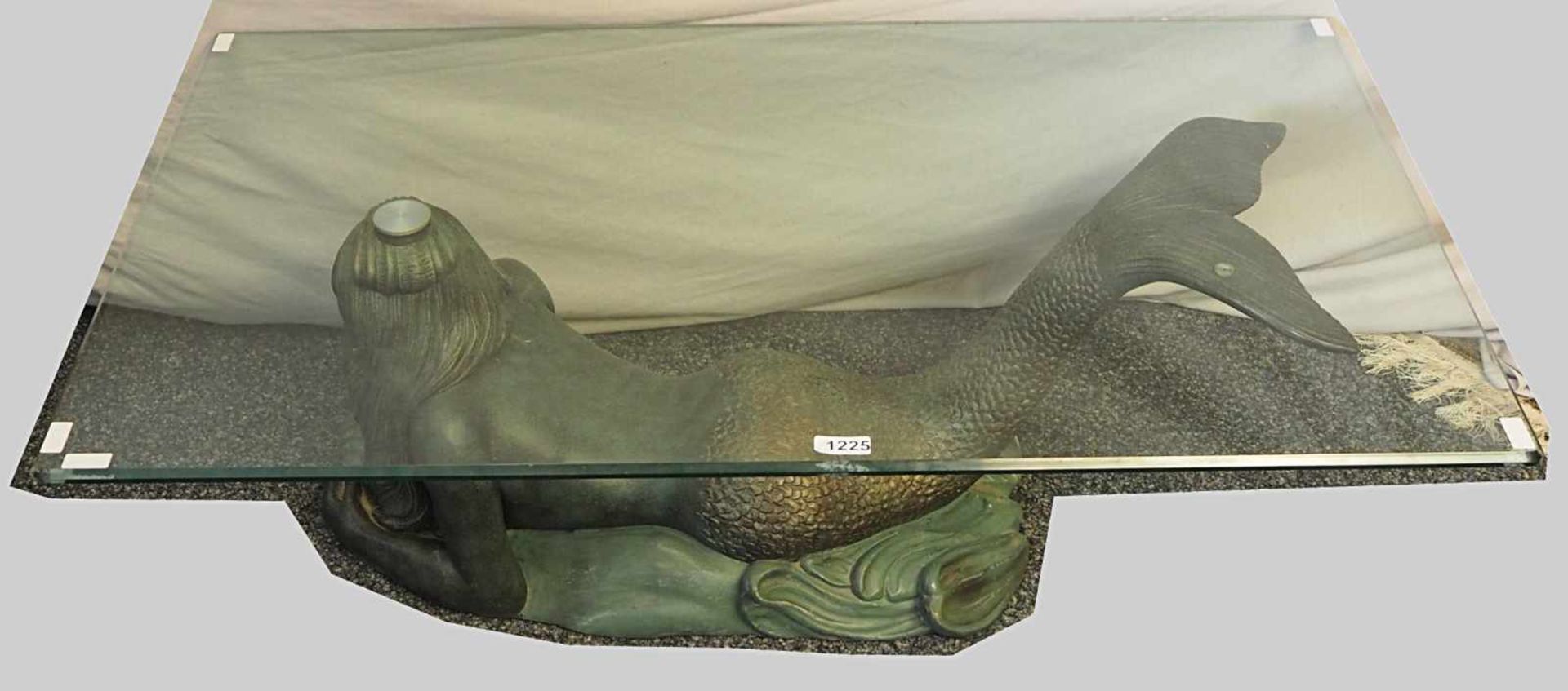 1 Couchtisch "Liegende Meerjungfrau"Bronze patiniert m. Glaspl. ca. 45x125x74cm Asp. - Bild 2 aus 2