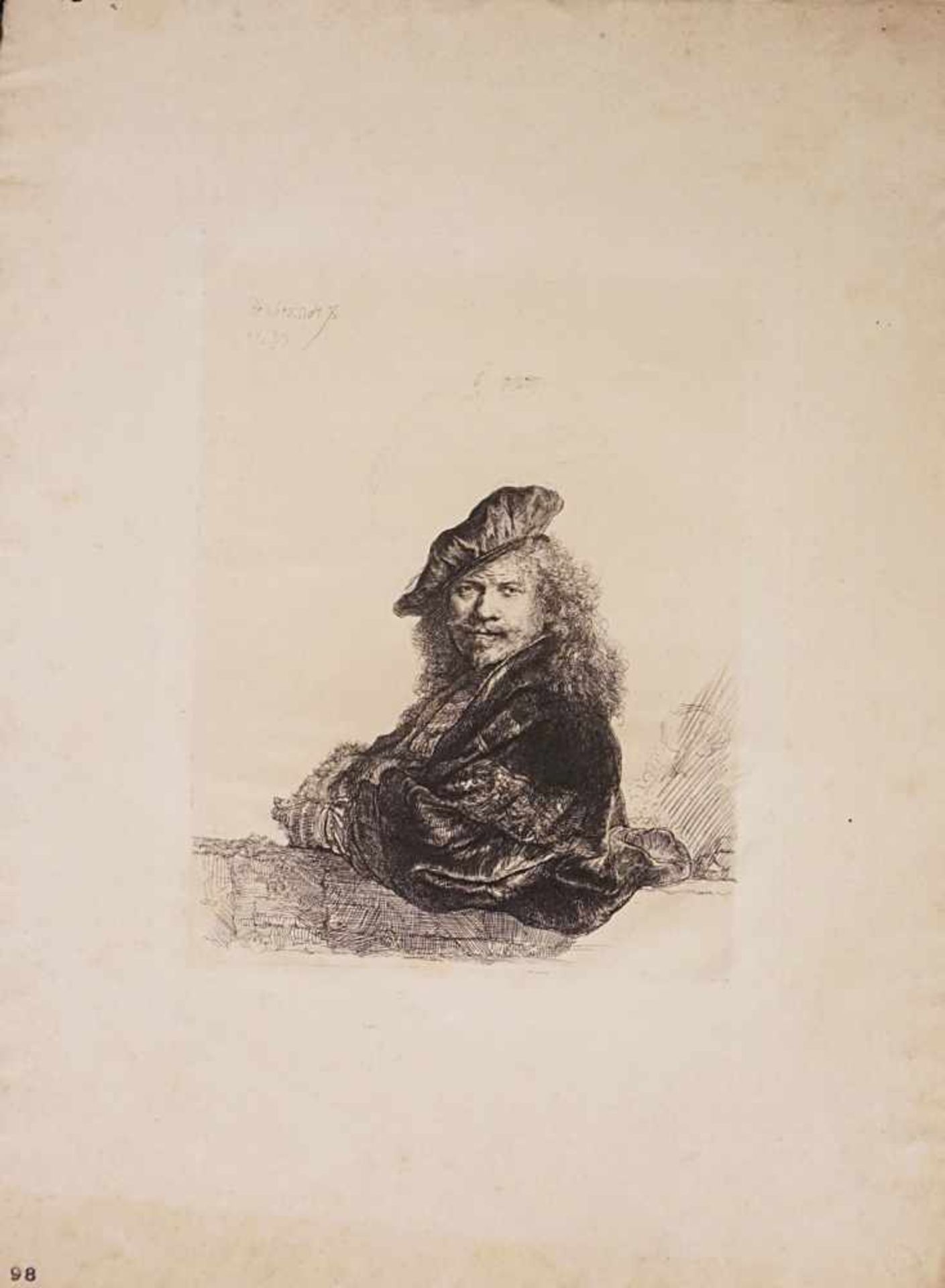 1 Grafik/Reproduktion "Selbstportrait Rembrandts" in Platte L.o. bez. Rembrandt 1639Rückseitig mit