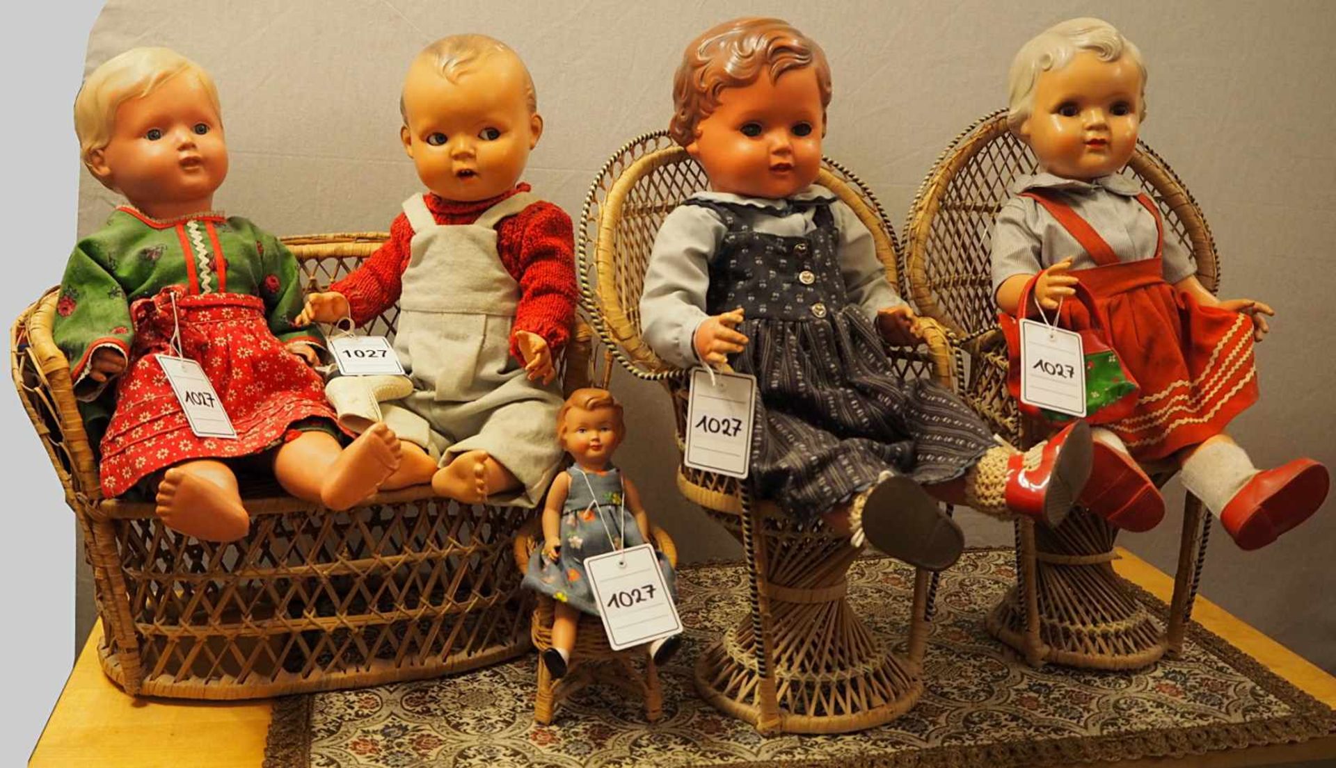 5 Puppen Zelluloid u.a. SCHILDKRÖT u.a. z.T. wohl 1960/70er Jahreversch. Größen, jew. auf