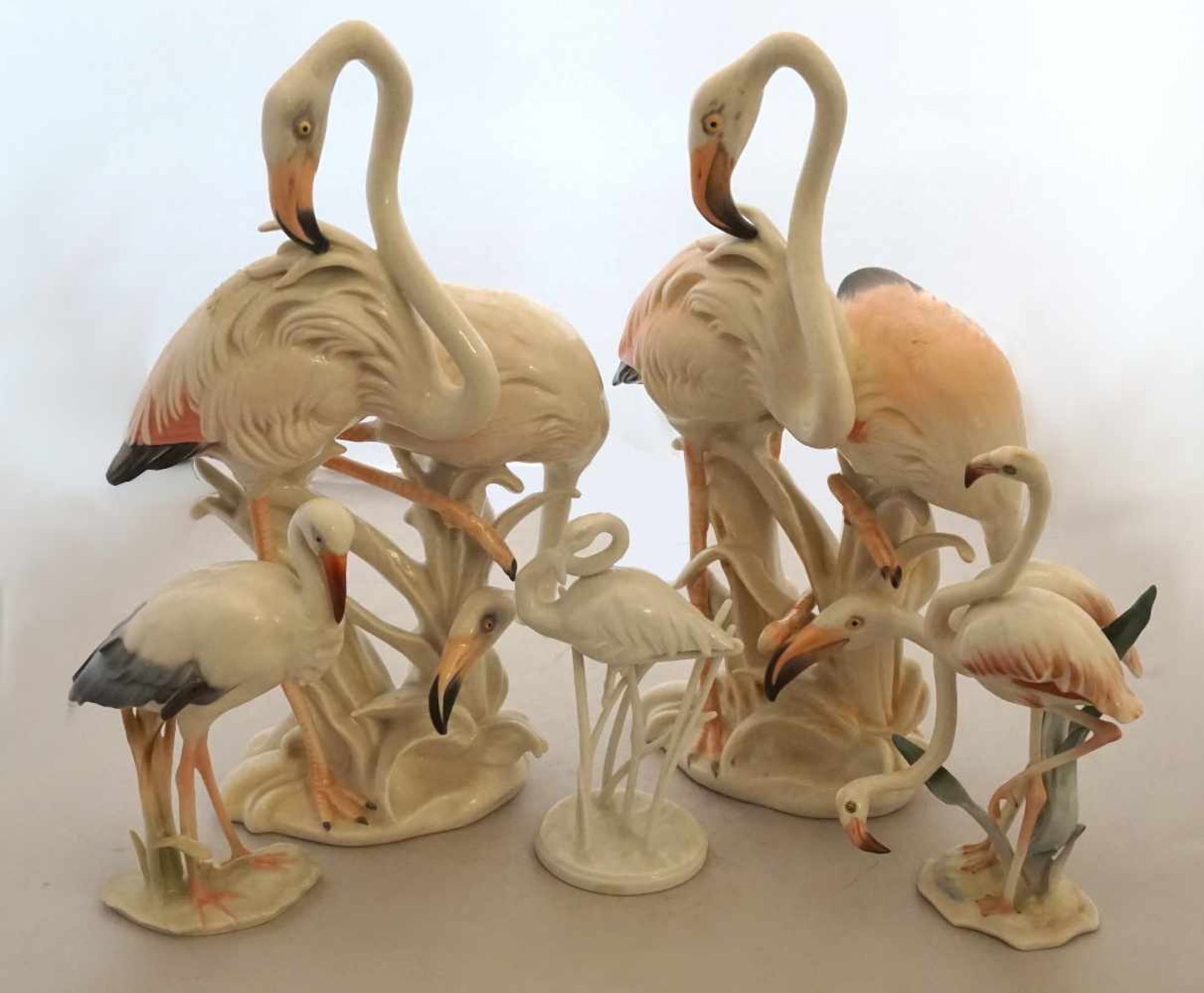 1 Konv. Figuren/-gruppen Porz. ROSENTHAL HUTSCHENREUTHER ENSz,T. gestrichen "Flamingopaare" "Storch"