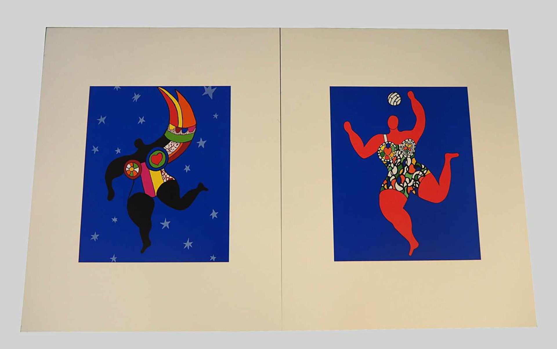 2 Farboffset-Lithografien "Half Woman - Half Angel", "Volleyball" wohl Niki DE SAINT-PHALLE(1930-