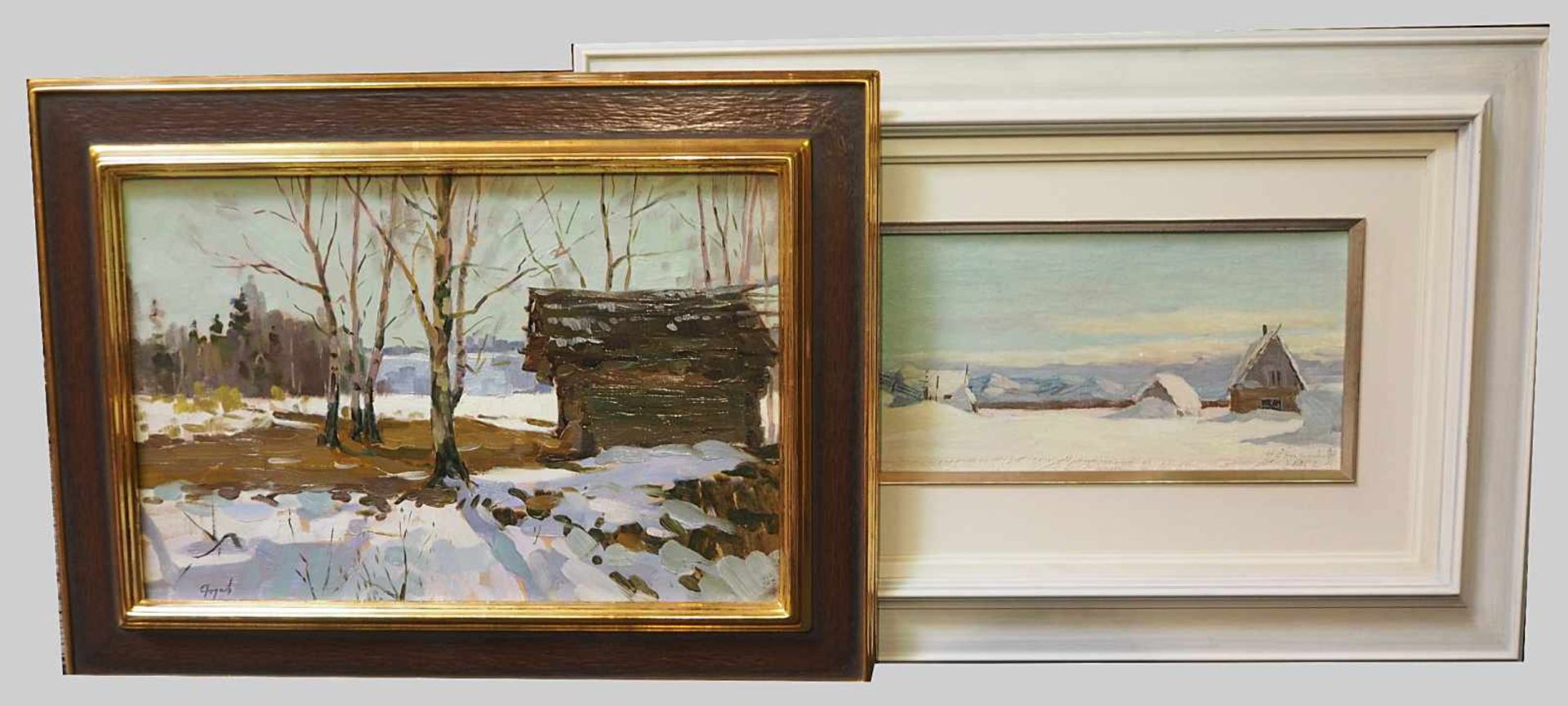 2 Ölgemälde "Winterlandschaft" je unles. sign.wohl 20. Jh. je Öl/Platte ca. 15x36/25,5x39cm je