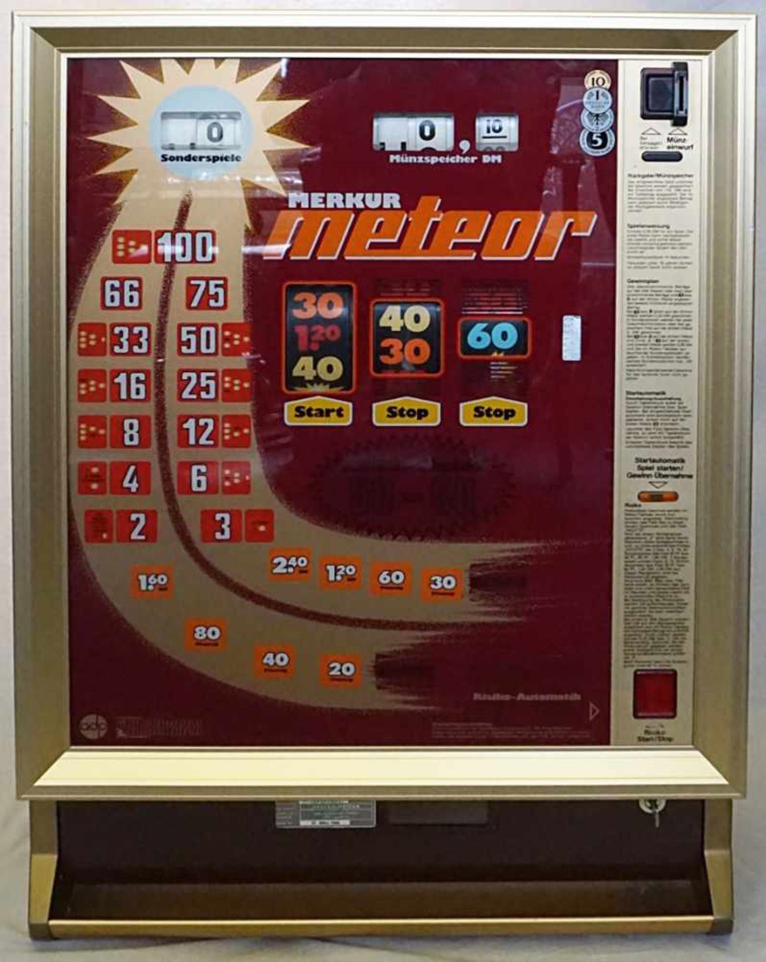 1 Spielautomat MERKUR "Meteor" wohl 80er JahreMetall mit Glasfront, H ca. 85x60x30cm, mit