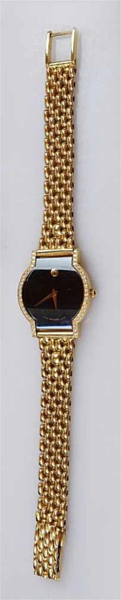 1 Damenarmbanduhr gem. GG 750 / 18K, Swiss MOVADO "1142087"Quarz, mit Diamantumrandung,