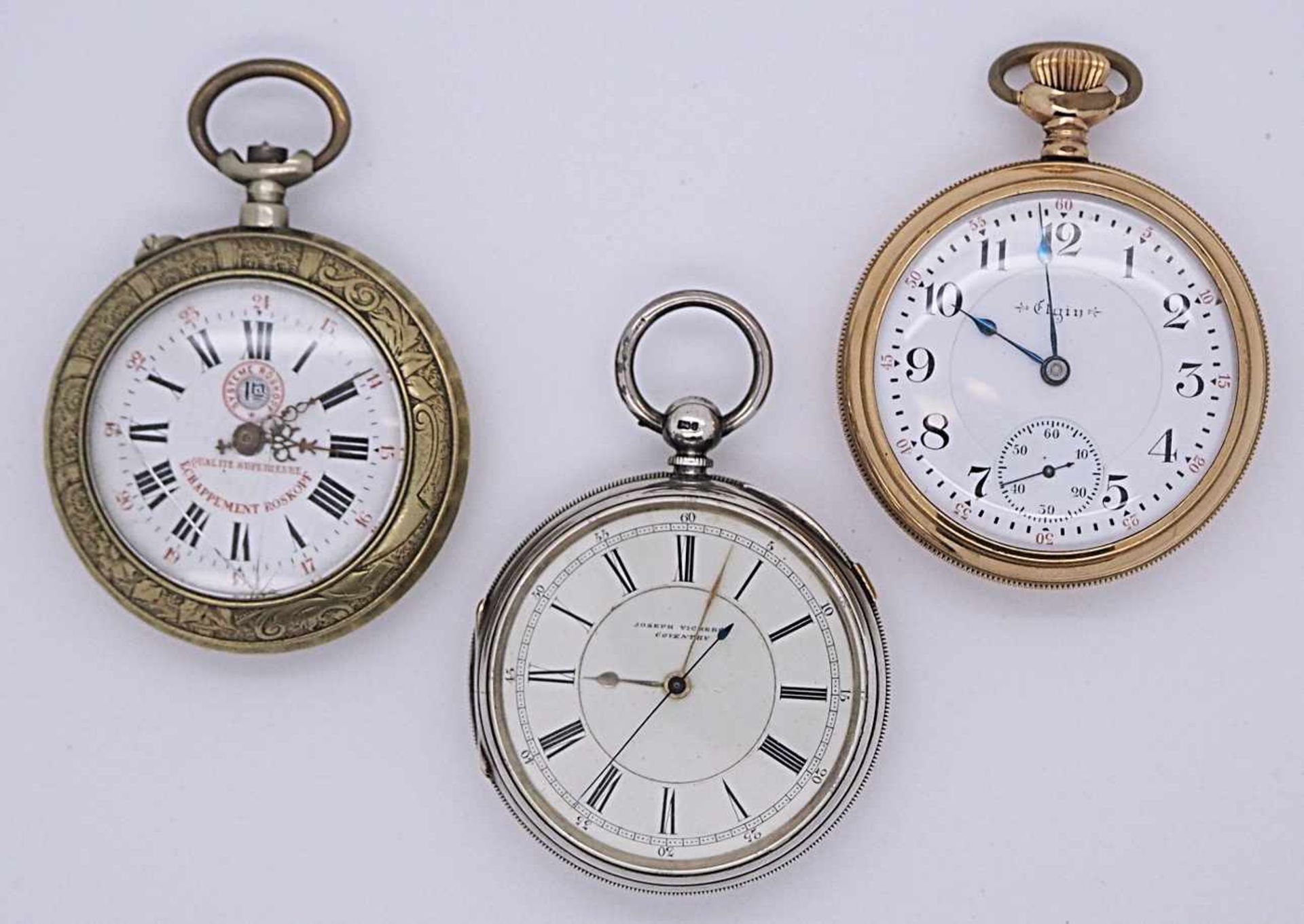 3 Taschenuhren, wohl z.T. SilberELGIN, J. VICKERS, z.T. England, z.T. um 1900, z.T. besch.