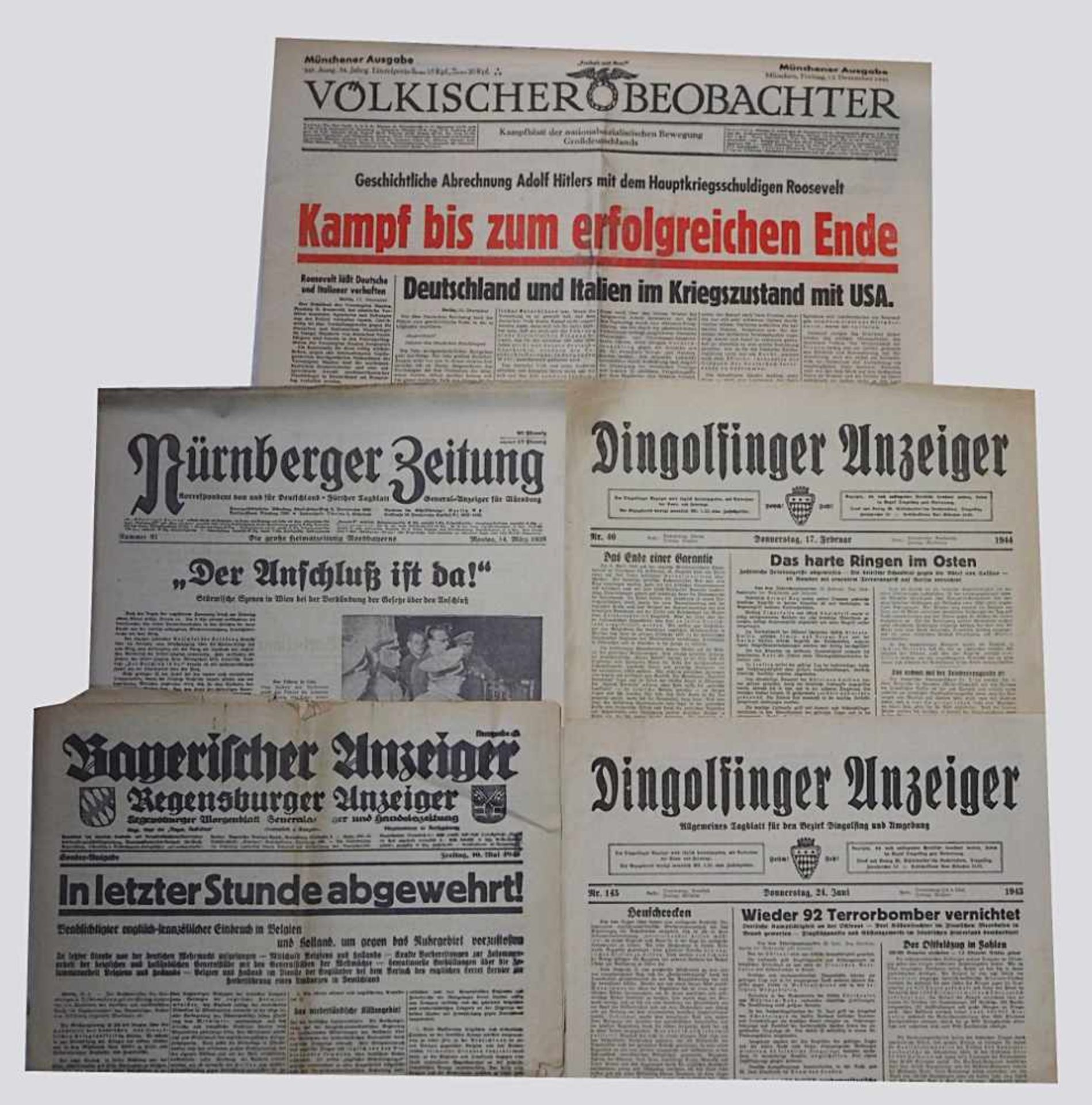 1 Konvolut Tageszeitungen 3. Reich:Dingolfinger Anzeiger "Völkischer Beobachter" u.a. z.T. besch.