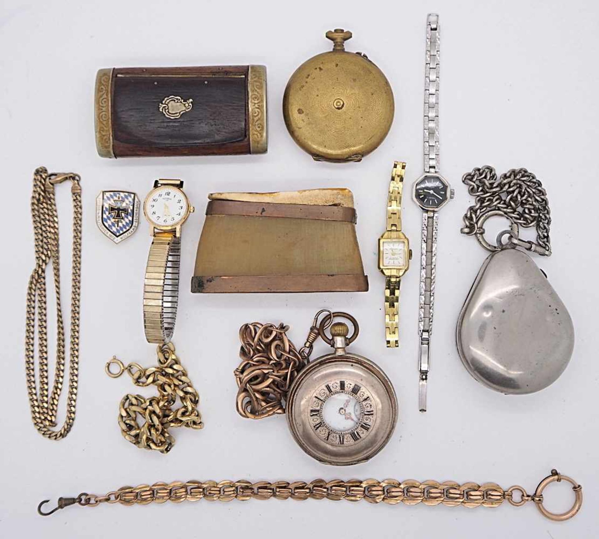 1 Konv. Taschen-/Armbanduhren/Schnupftabakdosenz.T. verg. z.T. um 1900, min. Si.