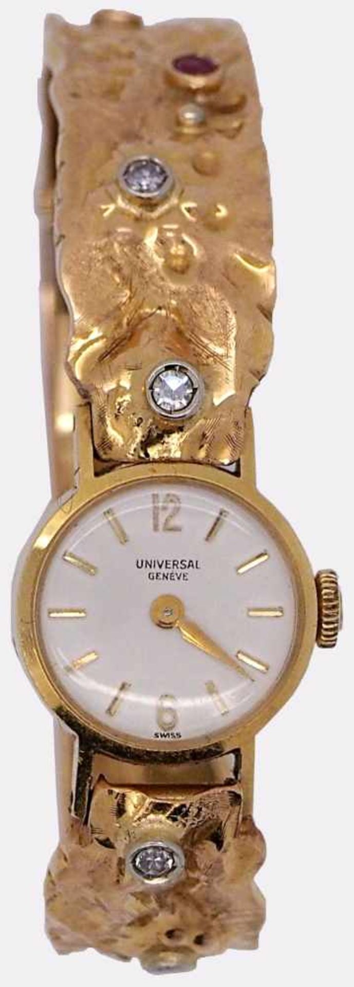 1 Damenarmbanduhr GG 18ct. UNIVERSALBrill., Rubine, Smaragde, mit Schatulle, lt. EL angefertigt