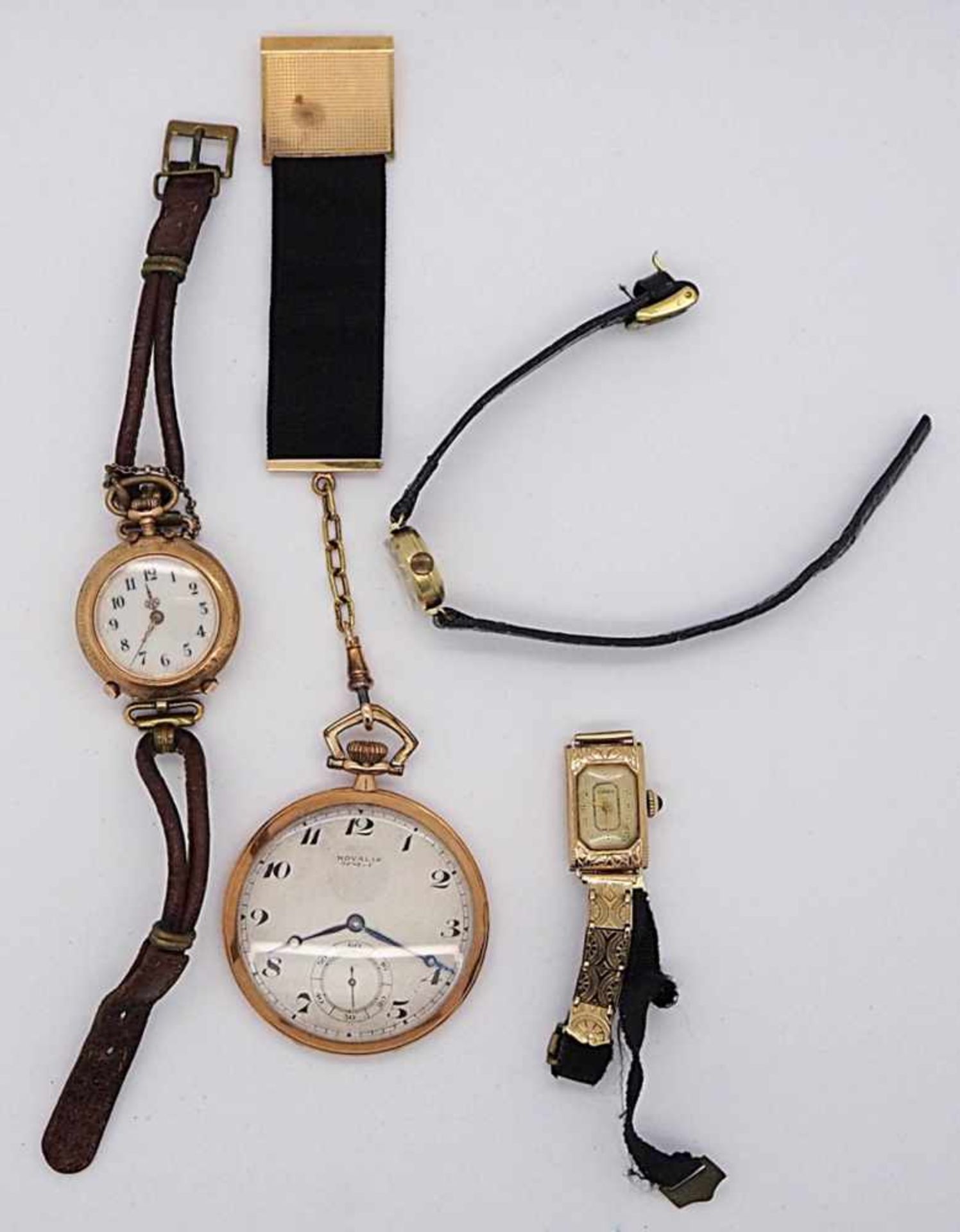 1 Konv. Armband-/Taschenuhren GG 14ct.u.a. z.T. um 1900/1940 in der Schatulle Gsp.
