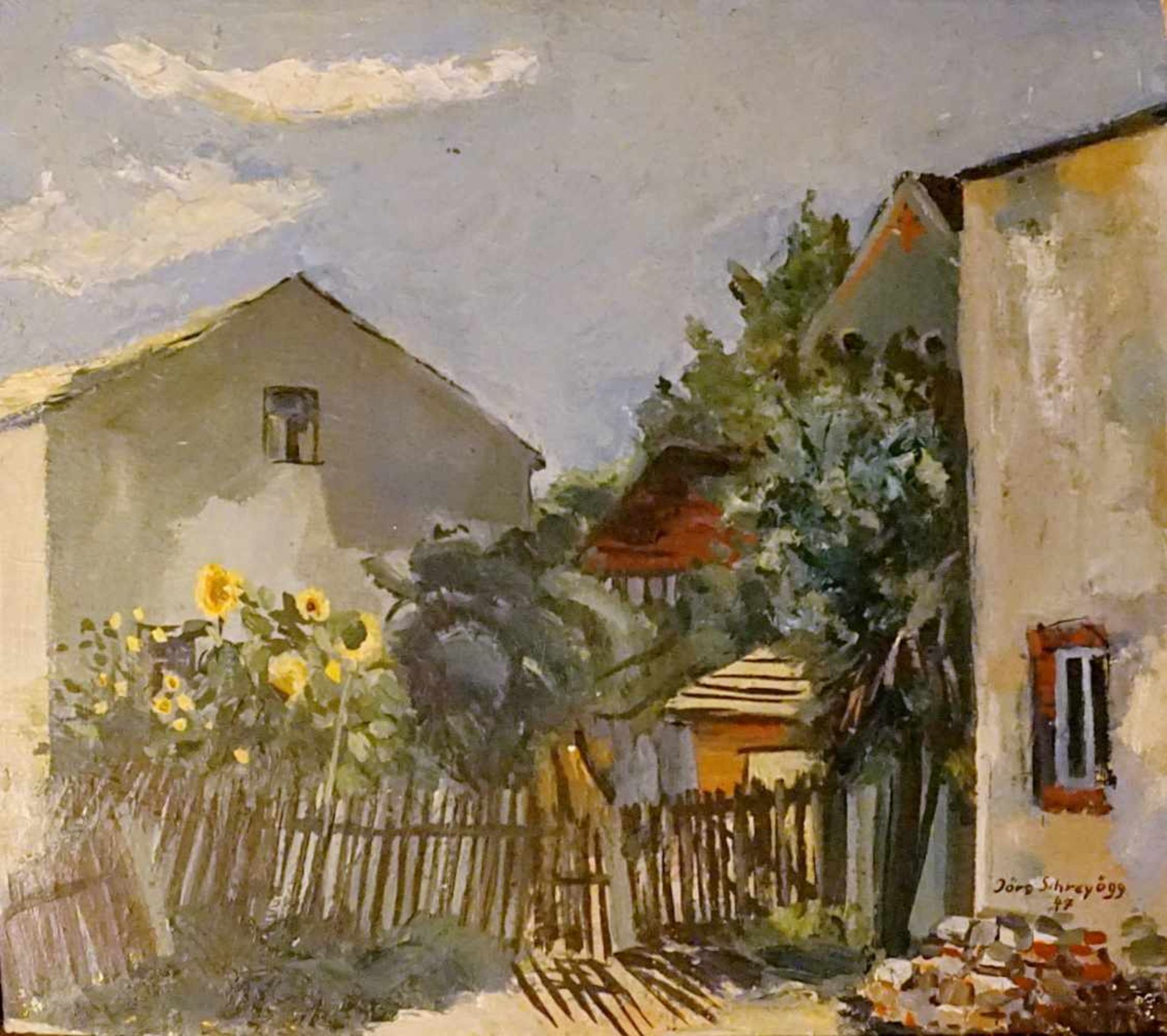 1 Ölgemälde "Bauernhaus mit Sonnenblumen" signiert Jörg SCHREYÖGG