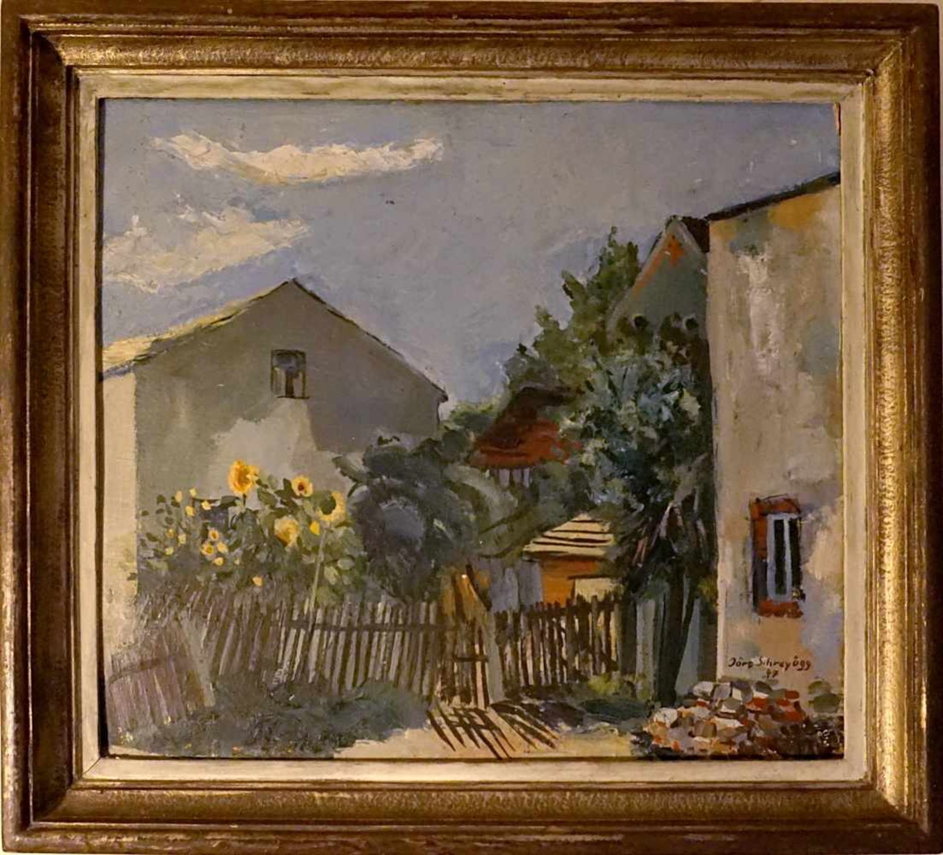 1 Ölgemälde "Bauernhaus mit Sonnenblumen" signiert Jörg SCHREYÖGG - Bild 2 aus 3