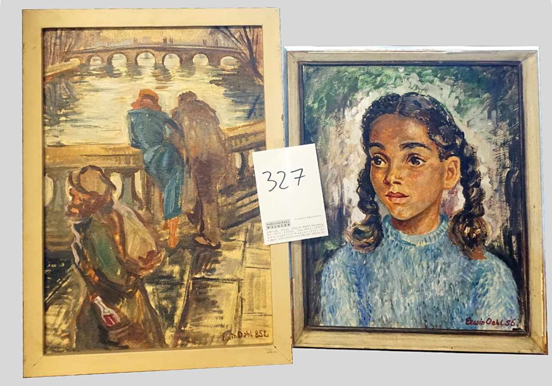 2 Ölgemälde "Mädchenporträt" und "Paar auf Brücke" jeweil signiert Erwin OEHL