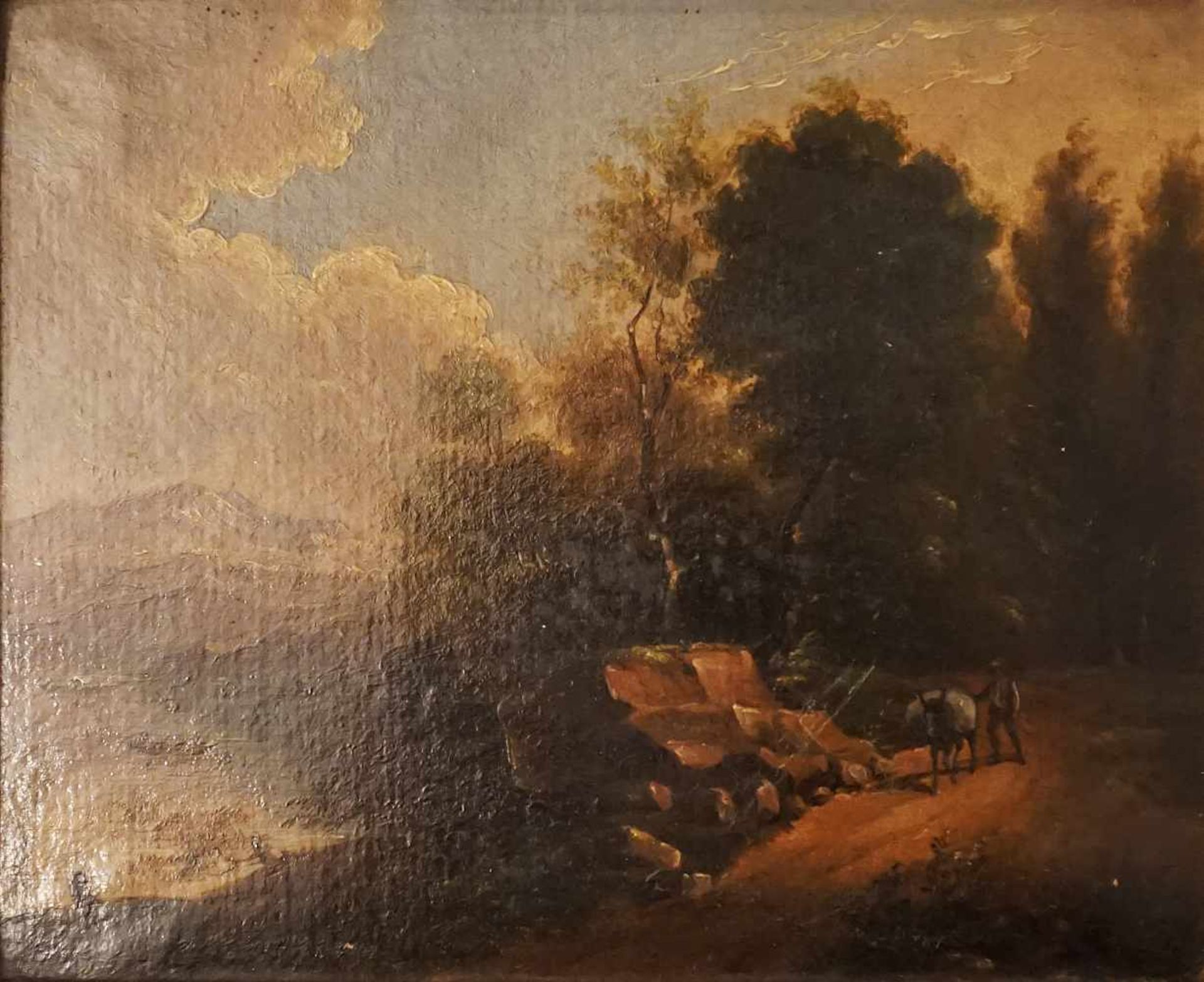 1 Ölgemälde " Landschaft mit See und Personenstaffage" wohl 19. Jh.