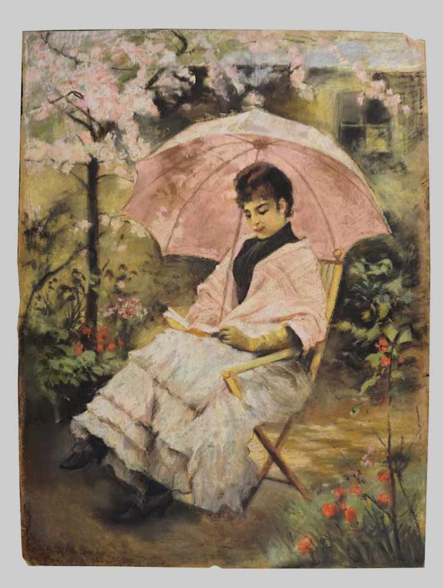 1 Gouache/Pastell "Lesendes Mädchen mit rosa Sonnenschirm vor Kirschblüten", L. u. sign. Gaston