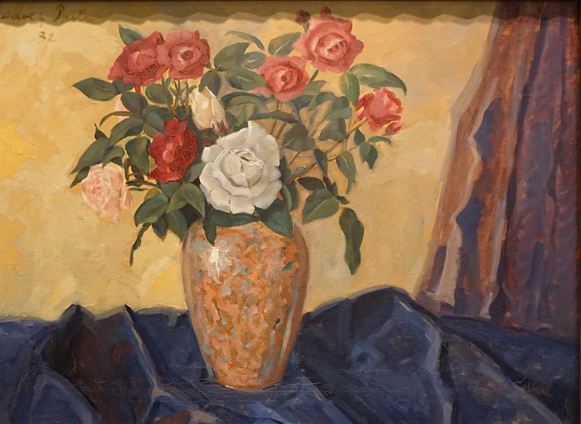 1 Ölgemälde "Rosenstrauß in bunter Vase" L.o. sign. Adolf JUTZ