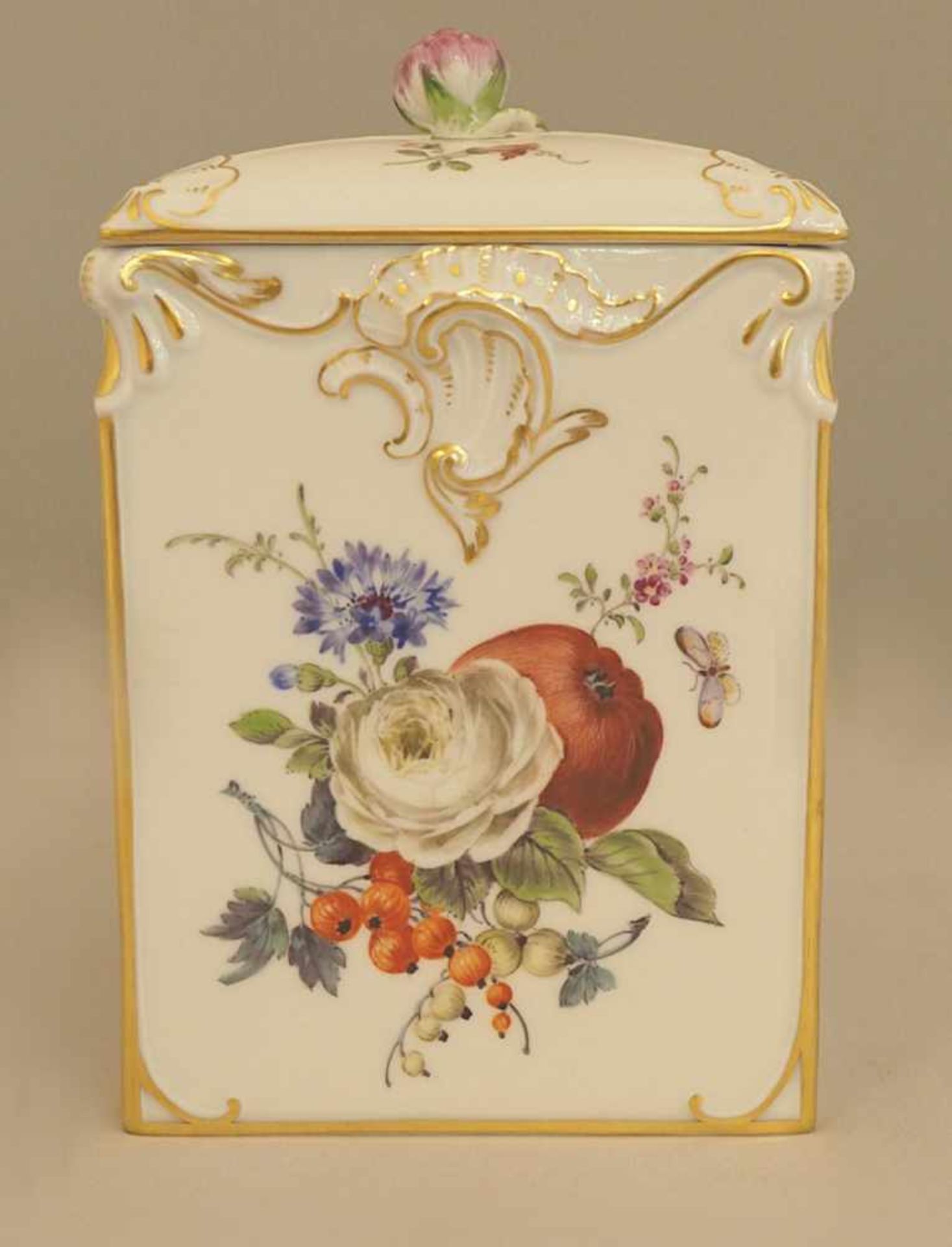 Teedose Porzellan MEISSEN 1x gestr., weiß mit polychromer Bemalung "Früchte und Blütendekor" z - Image 2 of 6