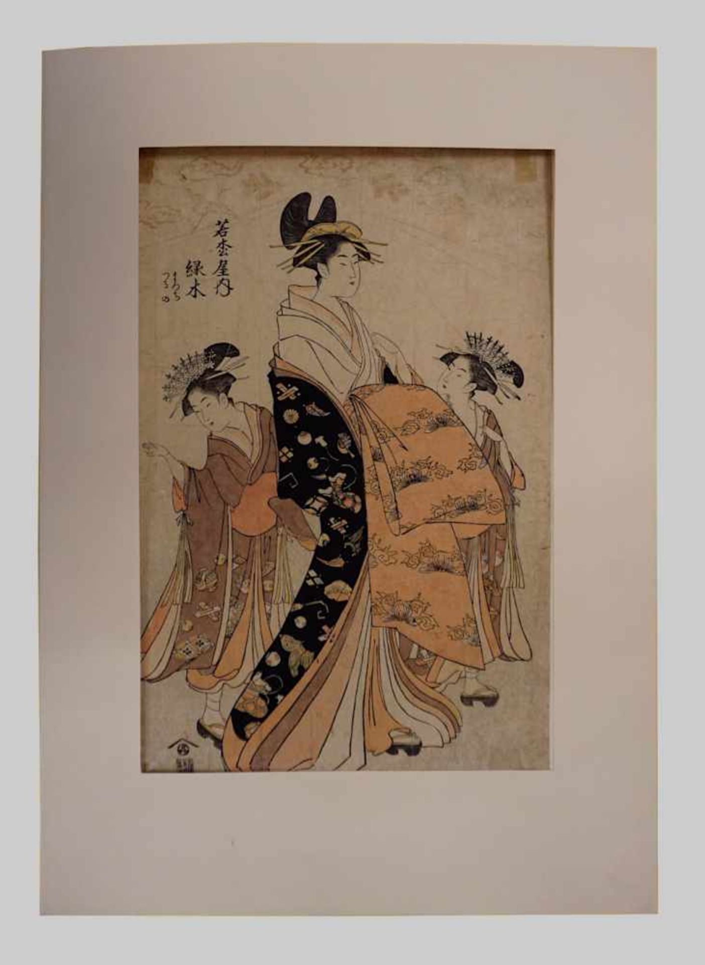 1 Holzschnitt col. "Geisha mit Dienerinnen" unsign., R.u. zugeschr. Toyokuni I UTAGAWA