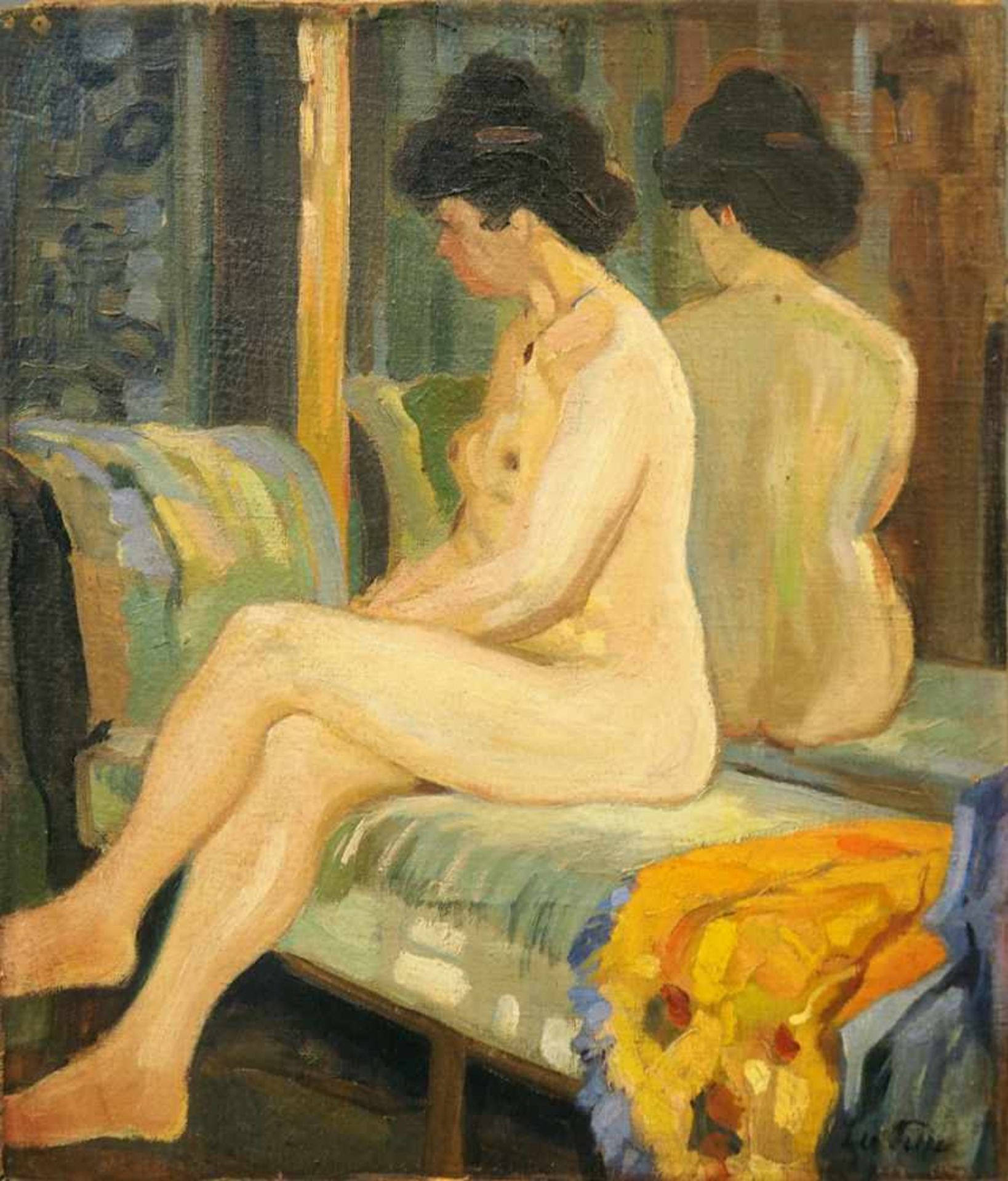 1 Ölgemälde "Sitzender Damenakt auf grünem Sofa" R.u. sign. Leo PUTZ