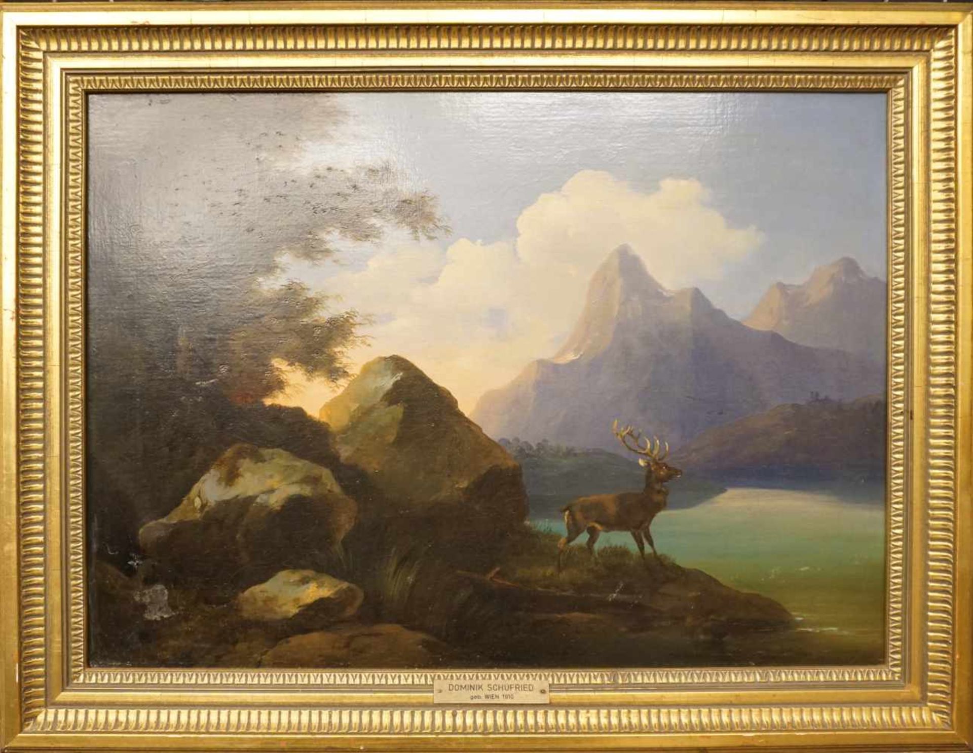 1 Ölgemälde "Hirsch am Bergsee" zugeschrieben lt. Unterlagen Dominik SCHUHFRIED - Bild 2 aus 3