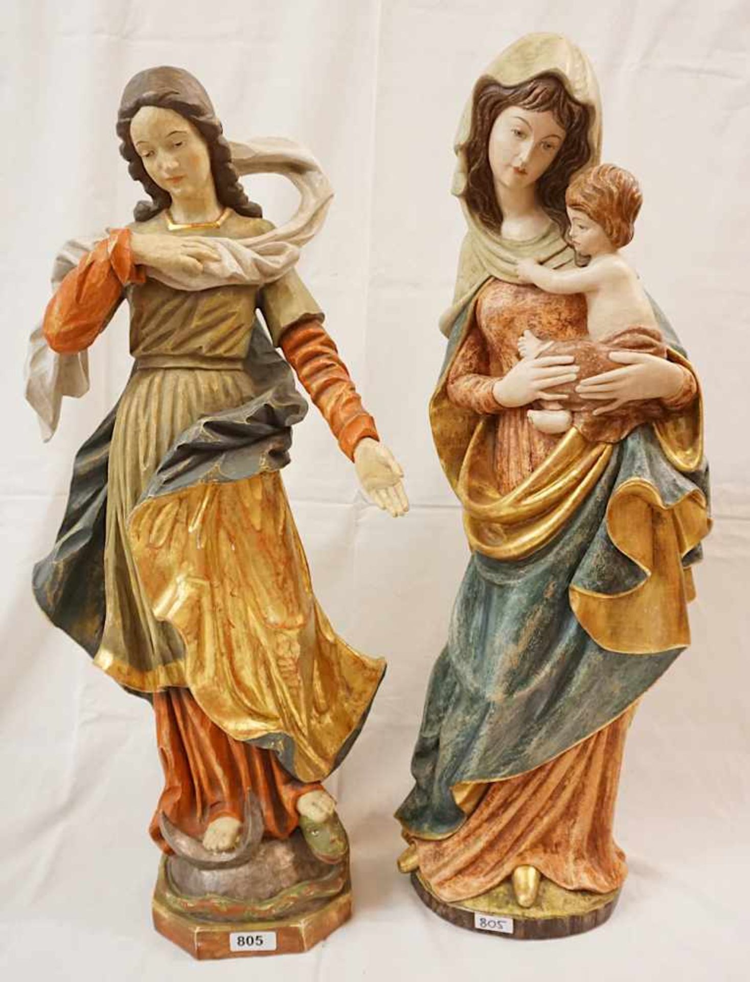 2 Holzfiguren 20. Jh. "Mondsichelmadonna", "Madonna mit Kind"