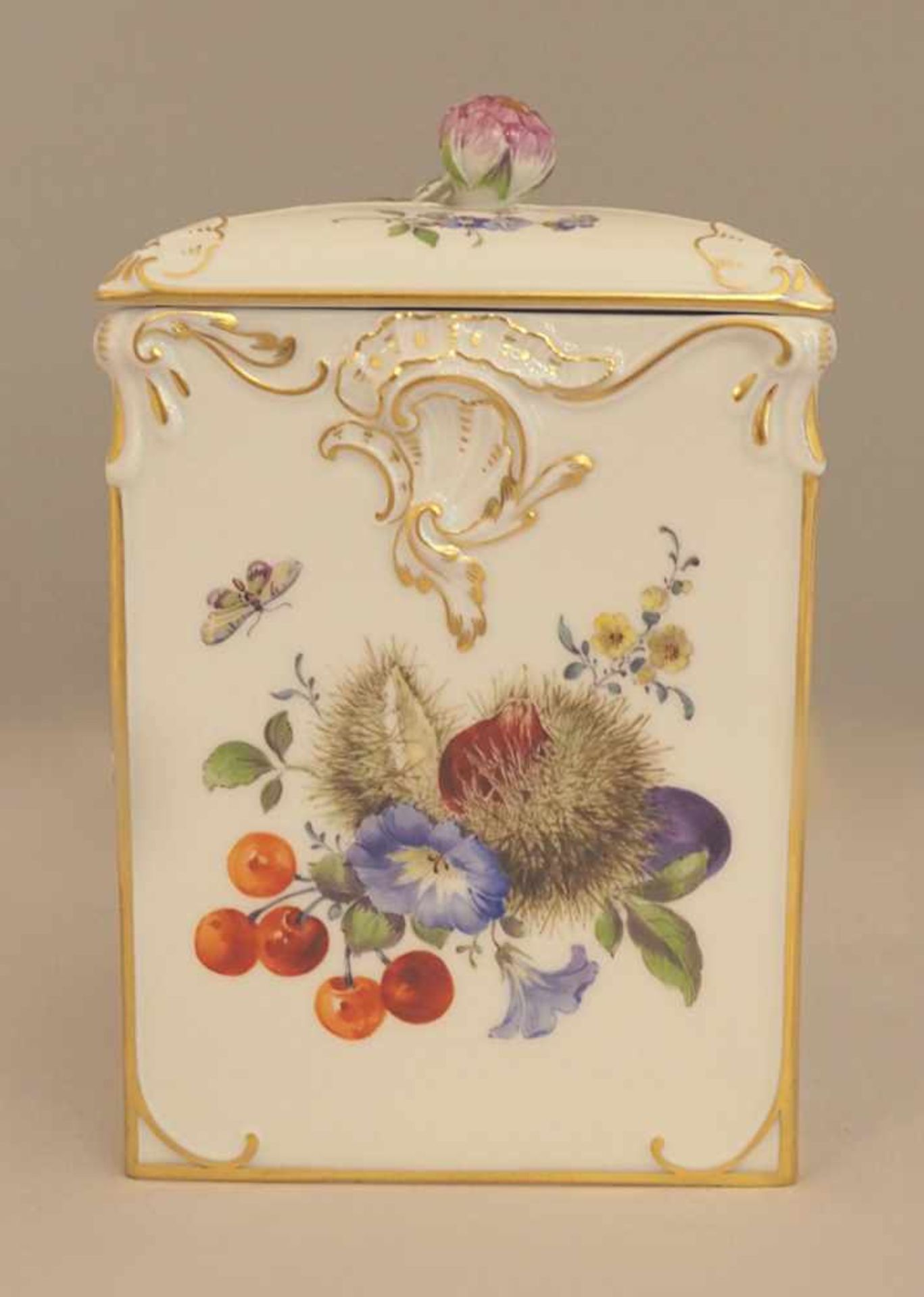 Teedose Porzellan MEISSEN 1x gestr., weiß mit polychromer Bemalung "Früchte und Blütendekor" z - Image 4 of 6