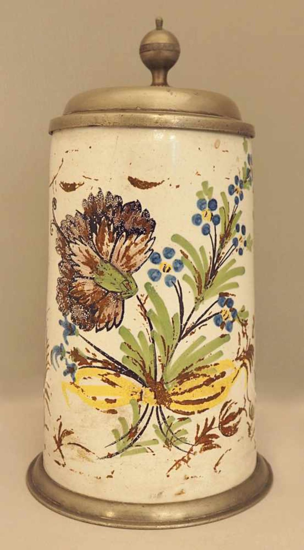 1 Walzkrug Fayence dat. 1850, Kaltmalerei "Blumen",