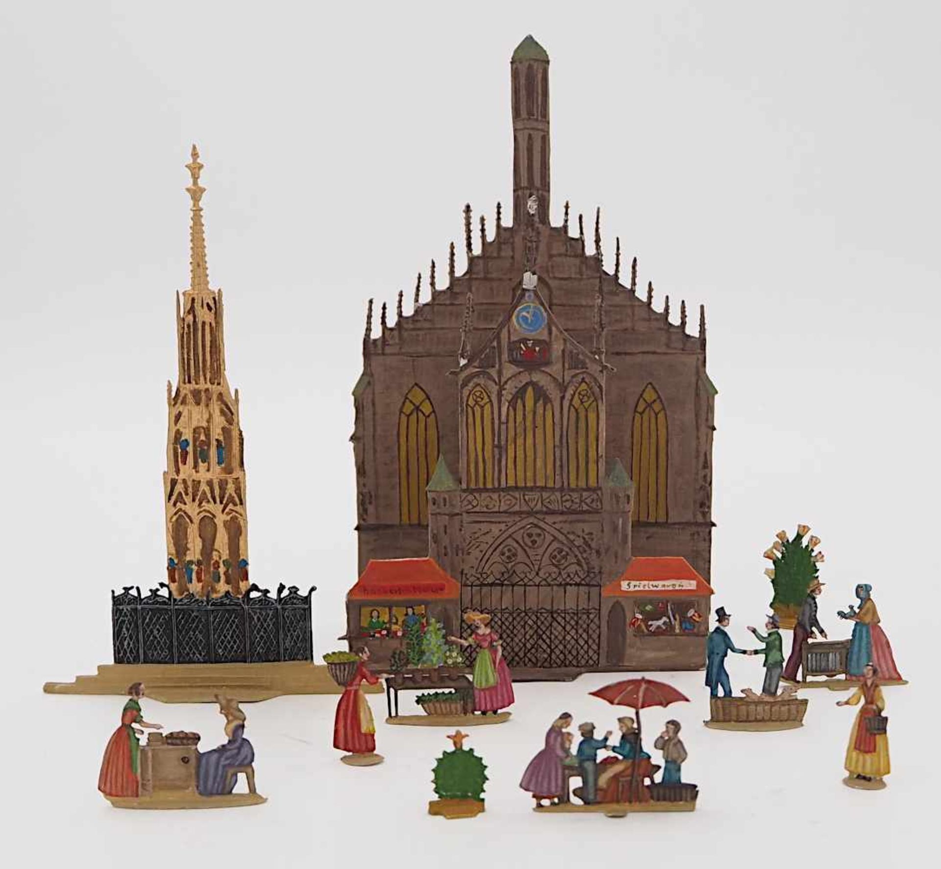 1 Konv. Zinnfiguren "Nürnberger Hauptmarkt"mit Frauenkirche, Schönem Brunnen, Markts