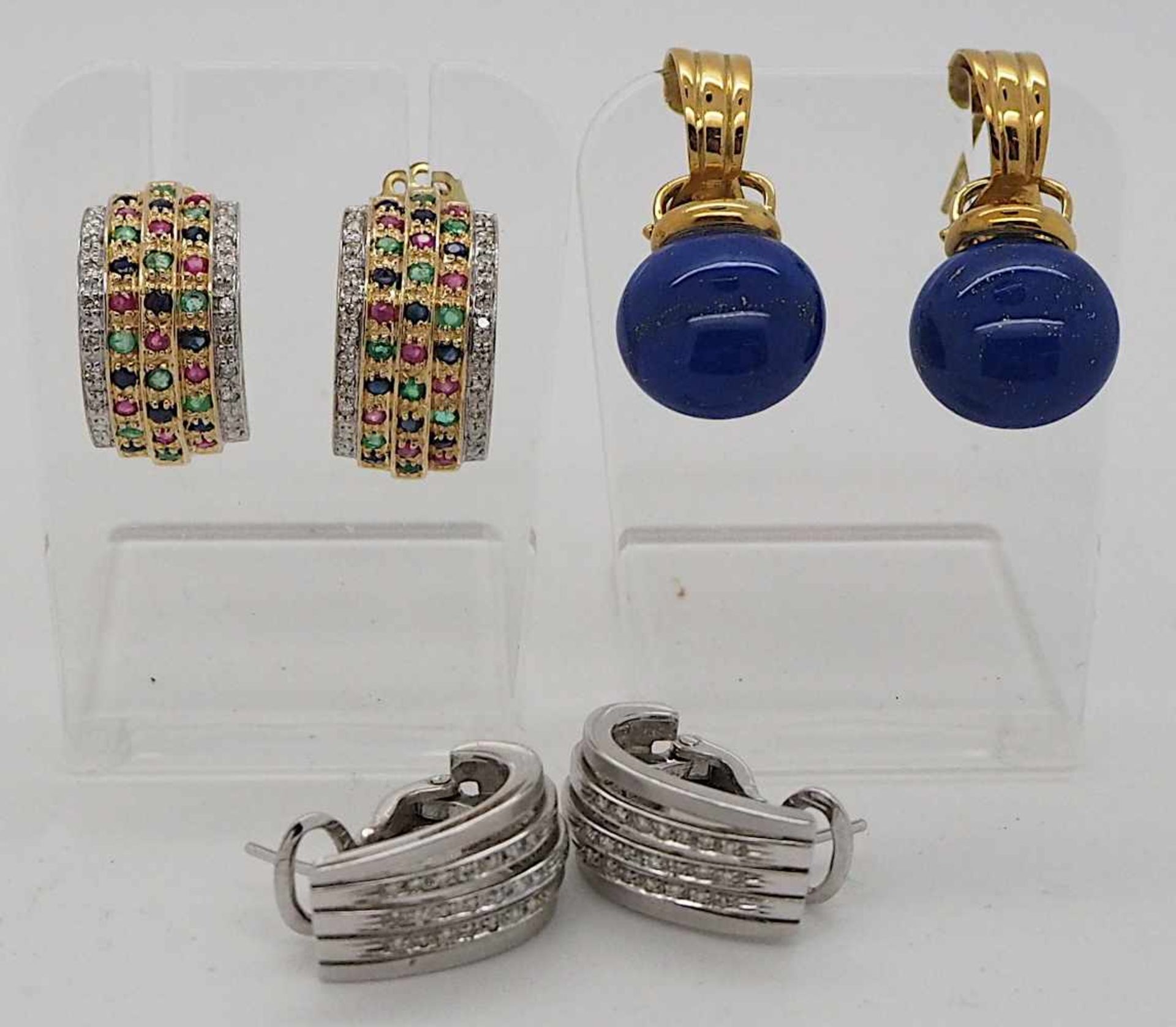 3 Paar Ohrringe GG/WG 14/18ct. Brill., Edelsteine, Lapislazuli u.a.