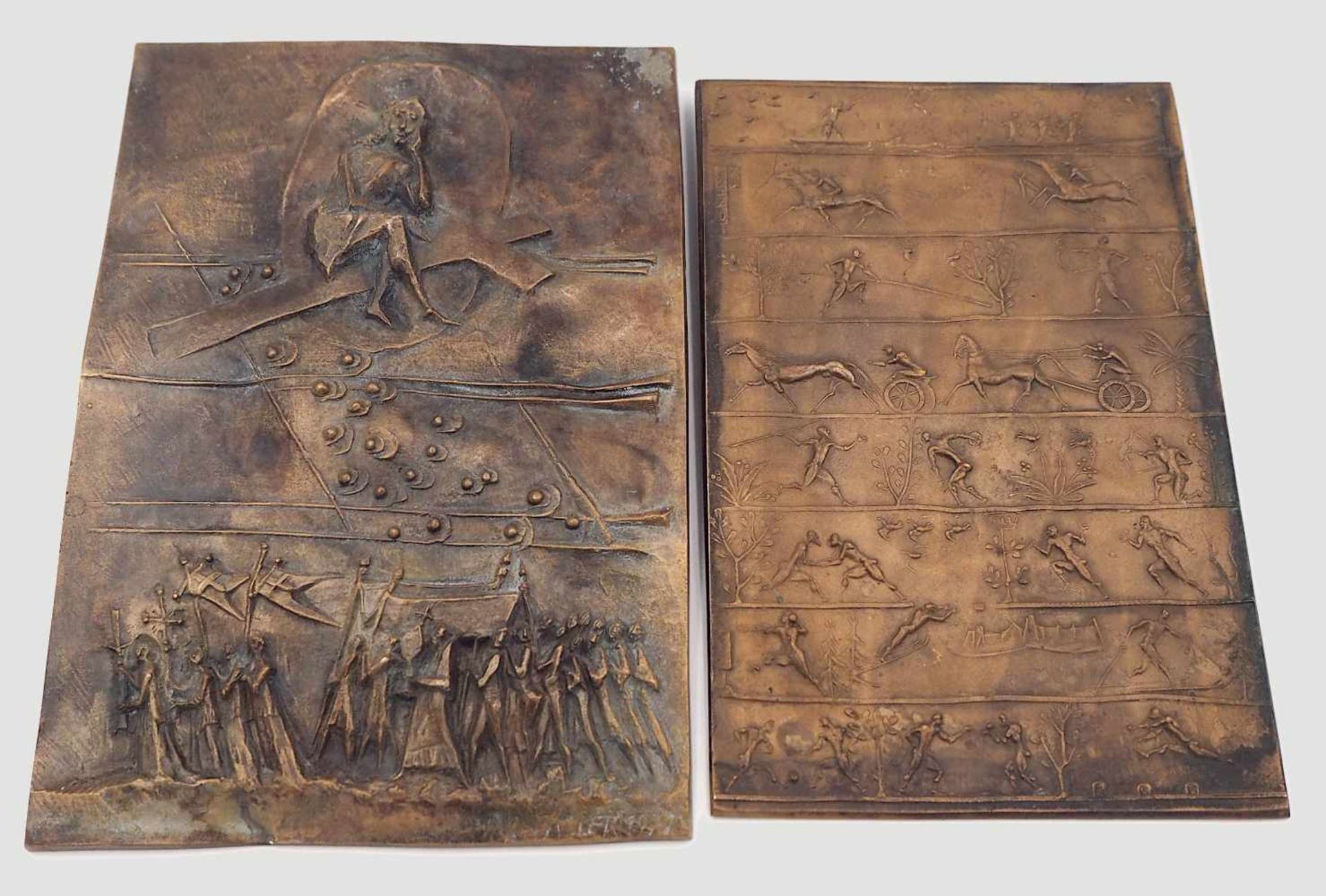 2 Reliefs z.T. wohl Bronze "Osterumzug", "Sportarten" z. T. R.u. sign. Max FALLER(wohl