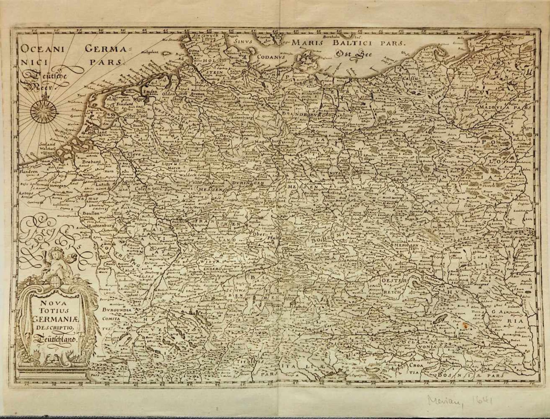 1 Kupferstich-Karte "Nova totius Germania descriptio Teutschland" R.u. zugeschrieben "Merian" un