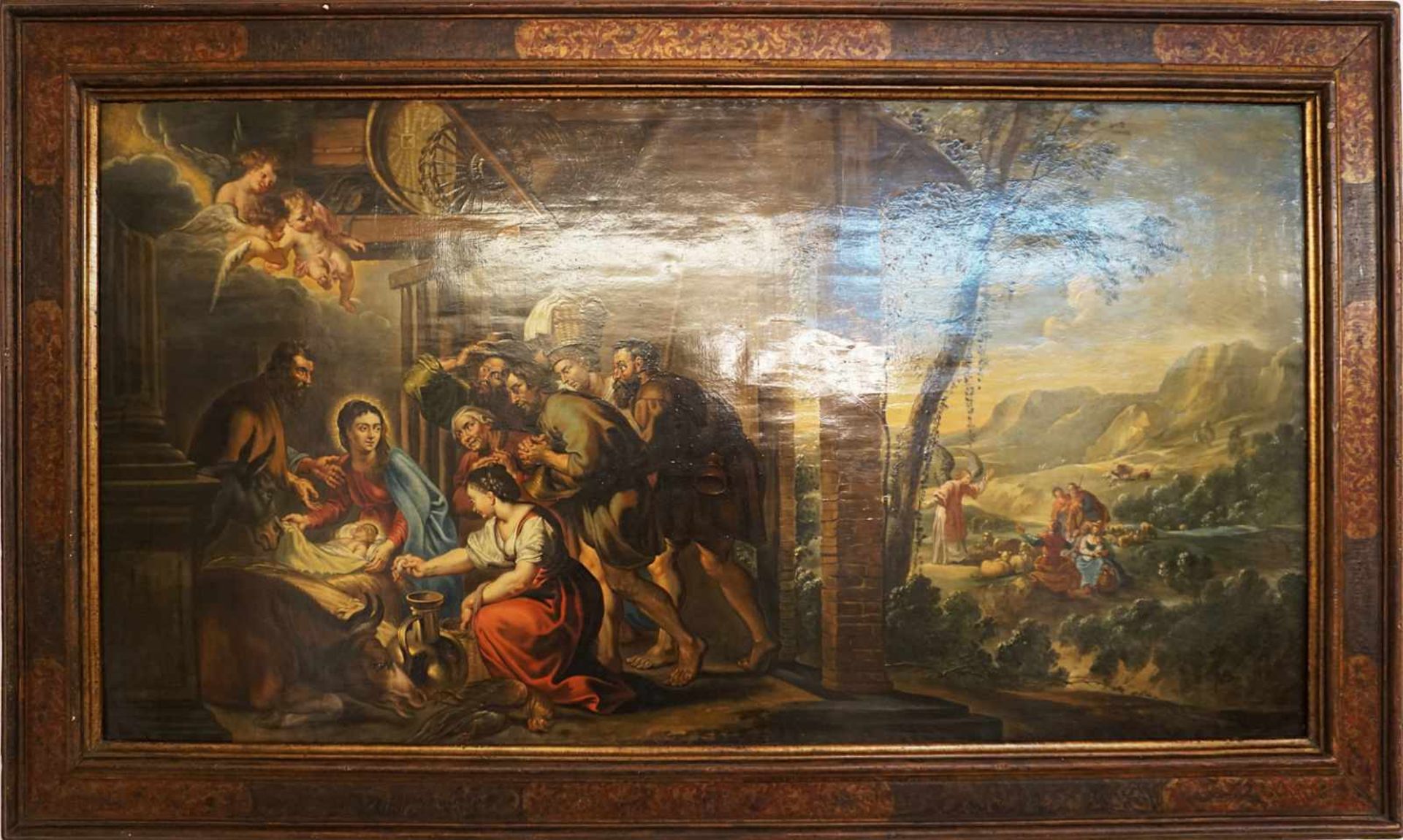 1 Ölgemälde "Geburt Christi" unsign.wohl 17./18. Jh. Öl/Holz ca. 57x108cm wohl rest - Bild 2 aus 2