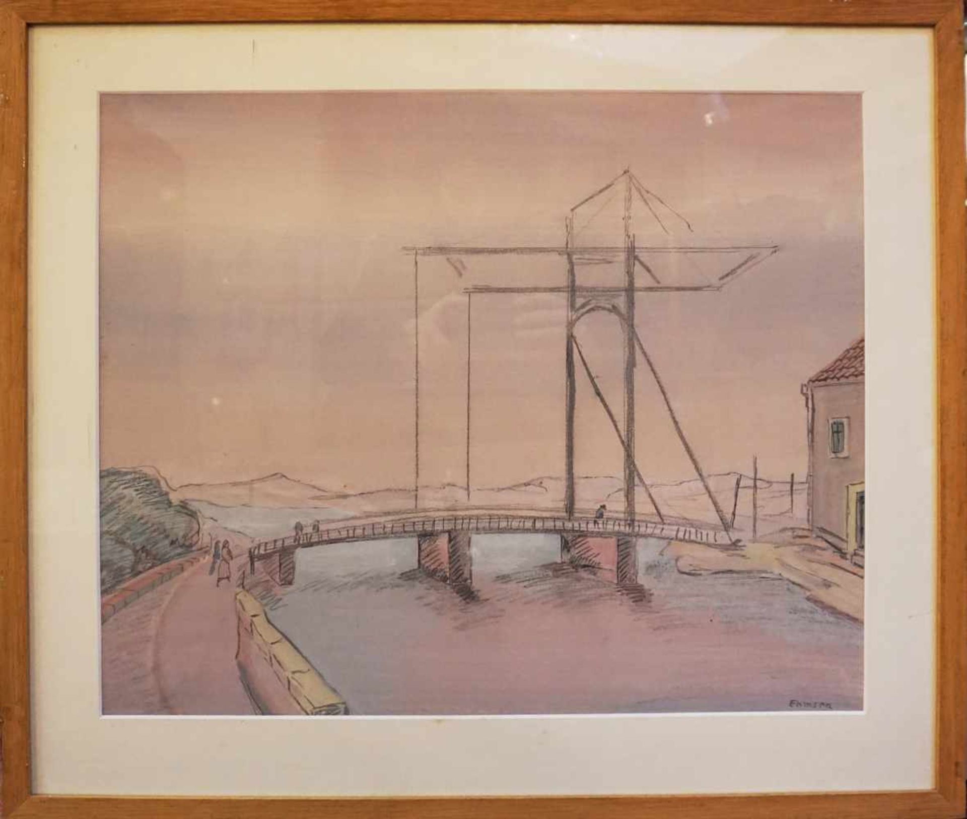 1 Gouache "Brücke in Flandern" R.u. sign. EHMSEN(wohl Heinrich E. 1886-1964) rück. m - Bild 4 aus 4