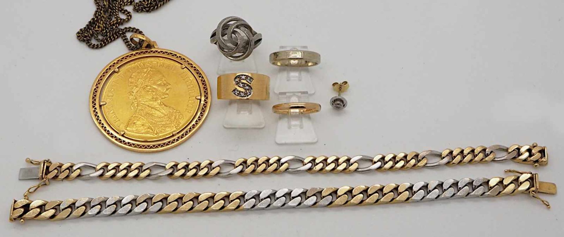 1 Konvolut Schmuck GG/WG u.,a. z.T. gefasste Goldmünze Österreich, Brill. u.a.