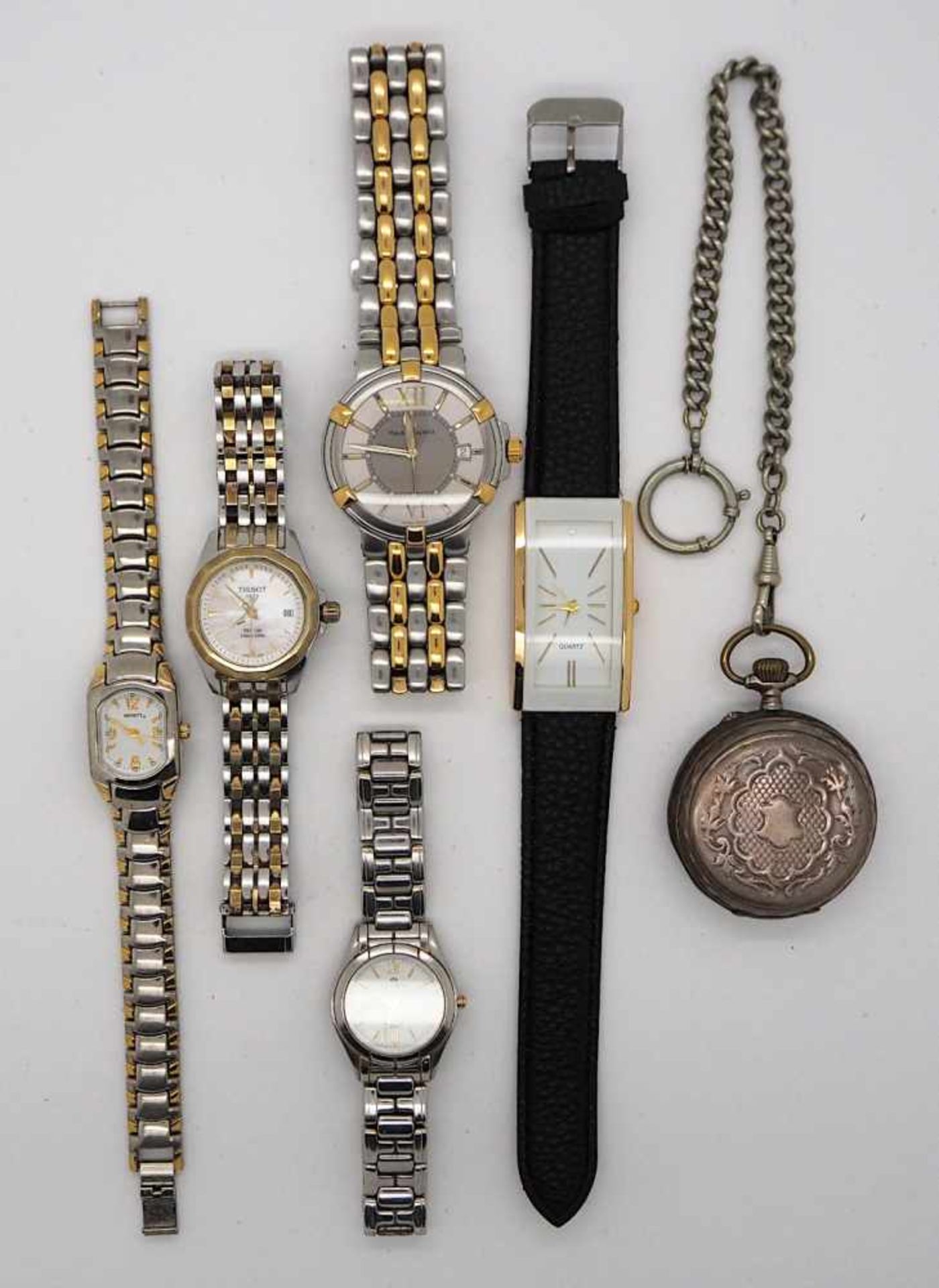 1 Konv. Armbanduhren: Edelstahl u.a., MAURICE LACROIX u.a., Taschenuhr Silber um 1900 Gsp.<b