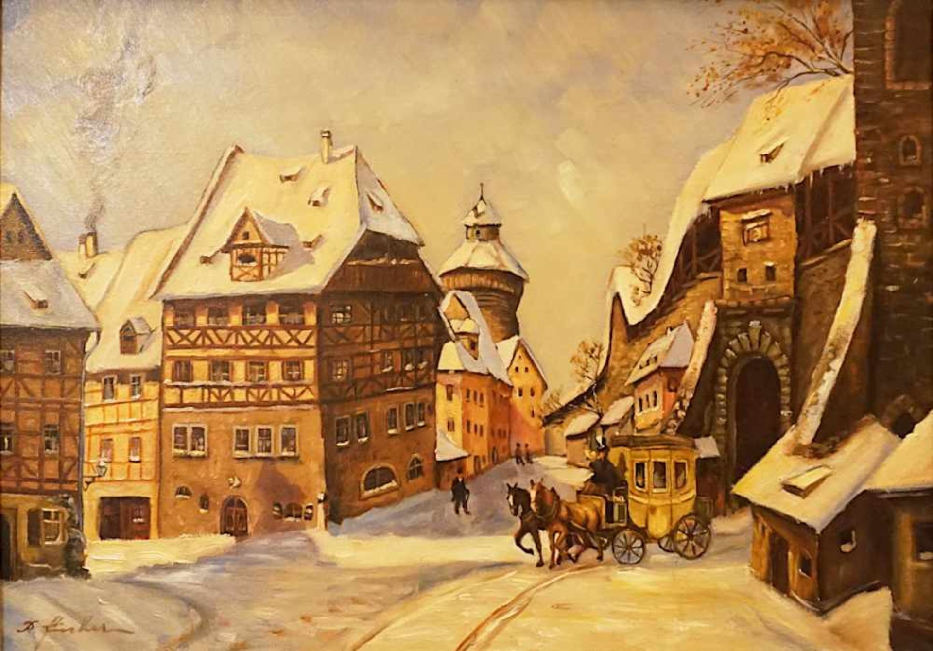 1 Ölgemälde "Ansicht des Nürnberger Dürerhauses im Winter mit einfahrender Postkutsche" L.u.