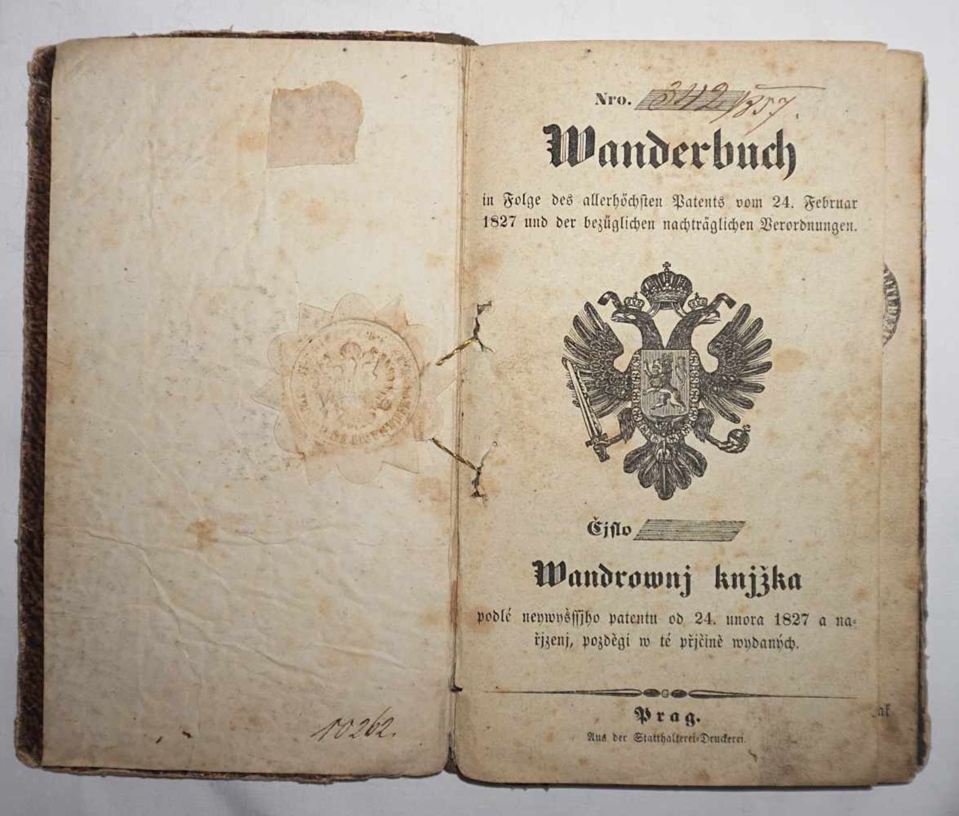 1 Wanderbuch, Statthalterei-Druckerei Prag dat. 1827mit Belehrungen, Beglaubigungsstem
