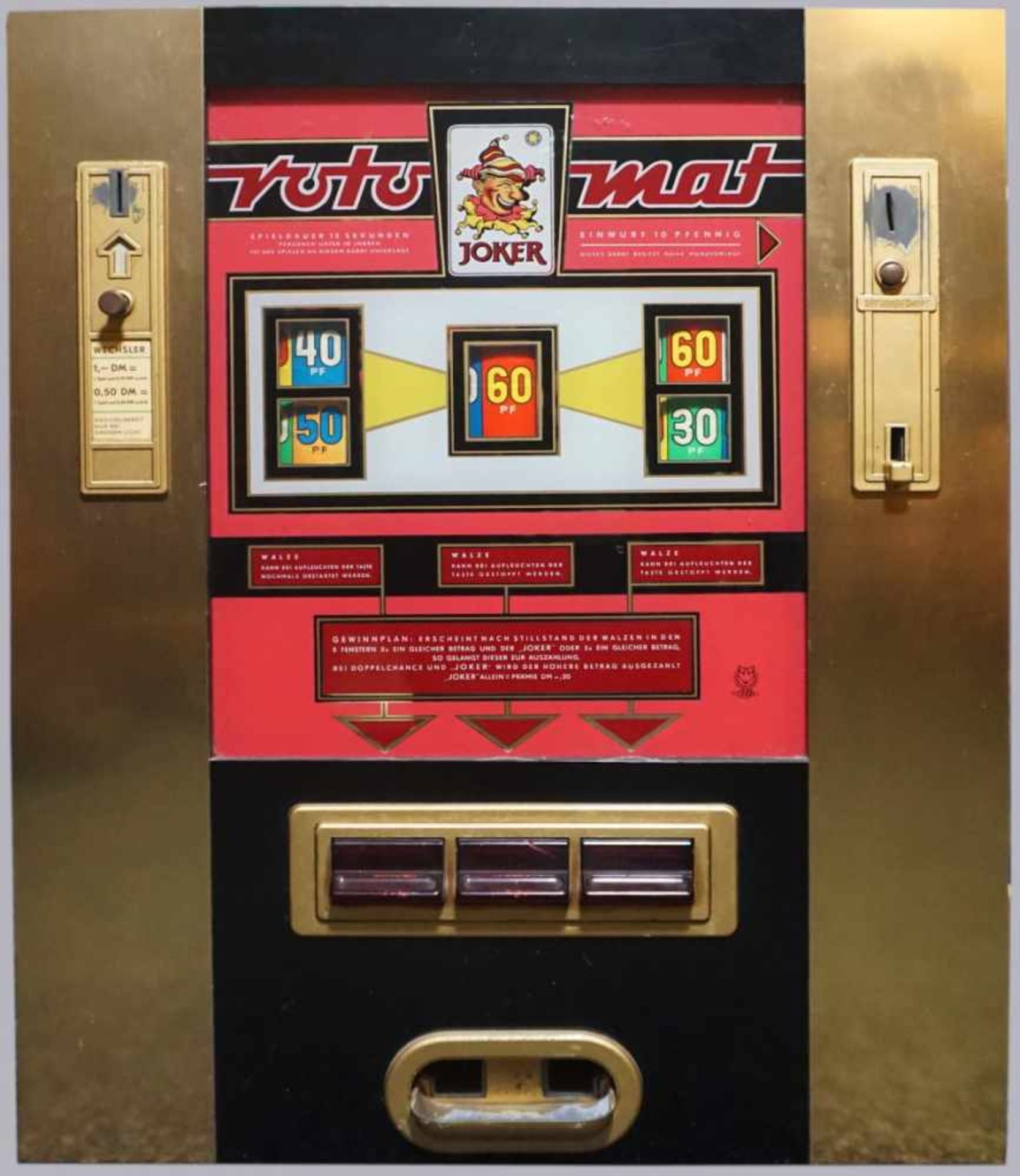 1 Glücksspielautomat ROTOMATMetall, Front seitlich verglast, mit 3 Walzen, ca. 70x56x
