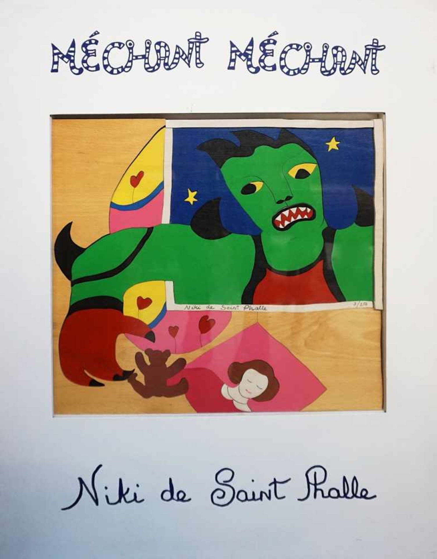 1 Puzzle/Collage "Méchant-Méchant" sign. Niki DE SAINT-PHALLE(wohl 1930-2002) Holz b