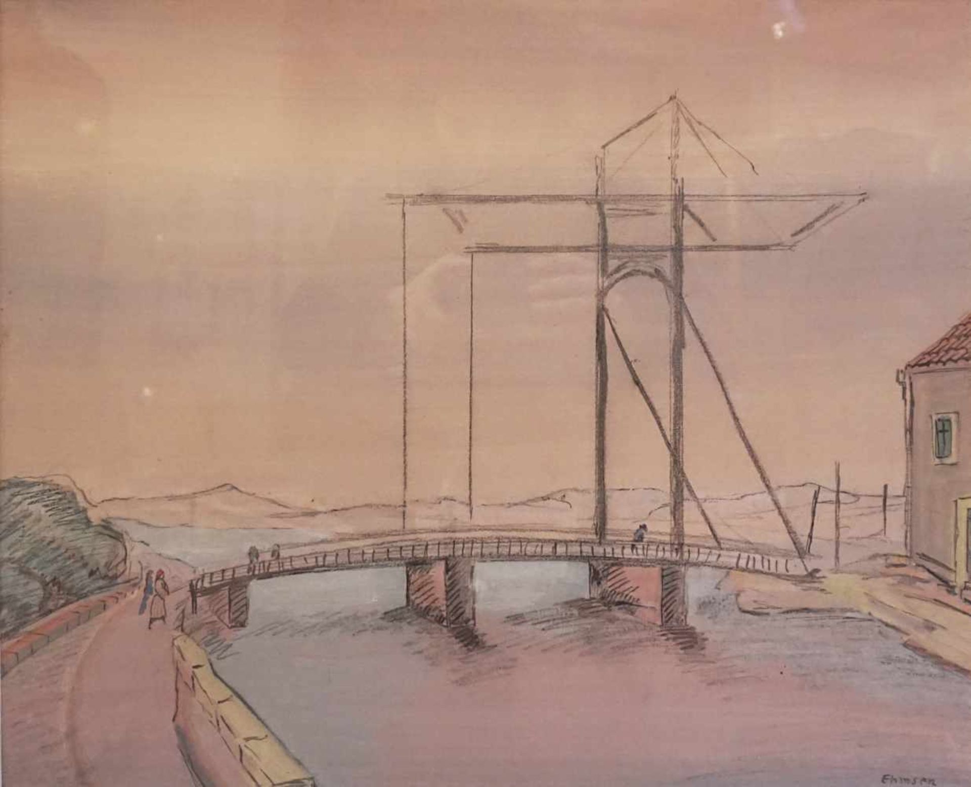 1 Gouache "Brücke in Flandern" R.u. sign. EHMSEN(wohl Heinrich E. 1886-1964) rück. m