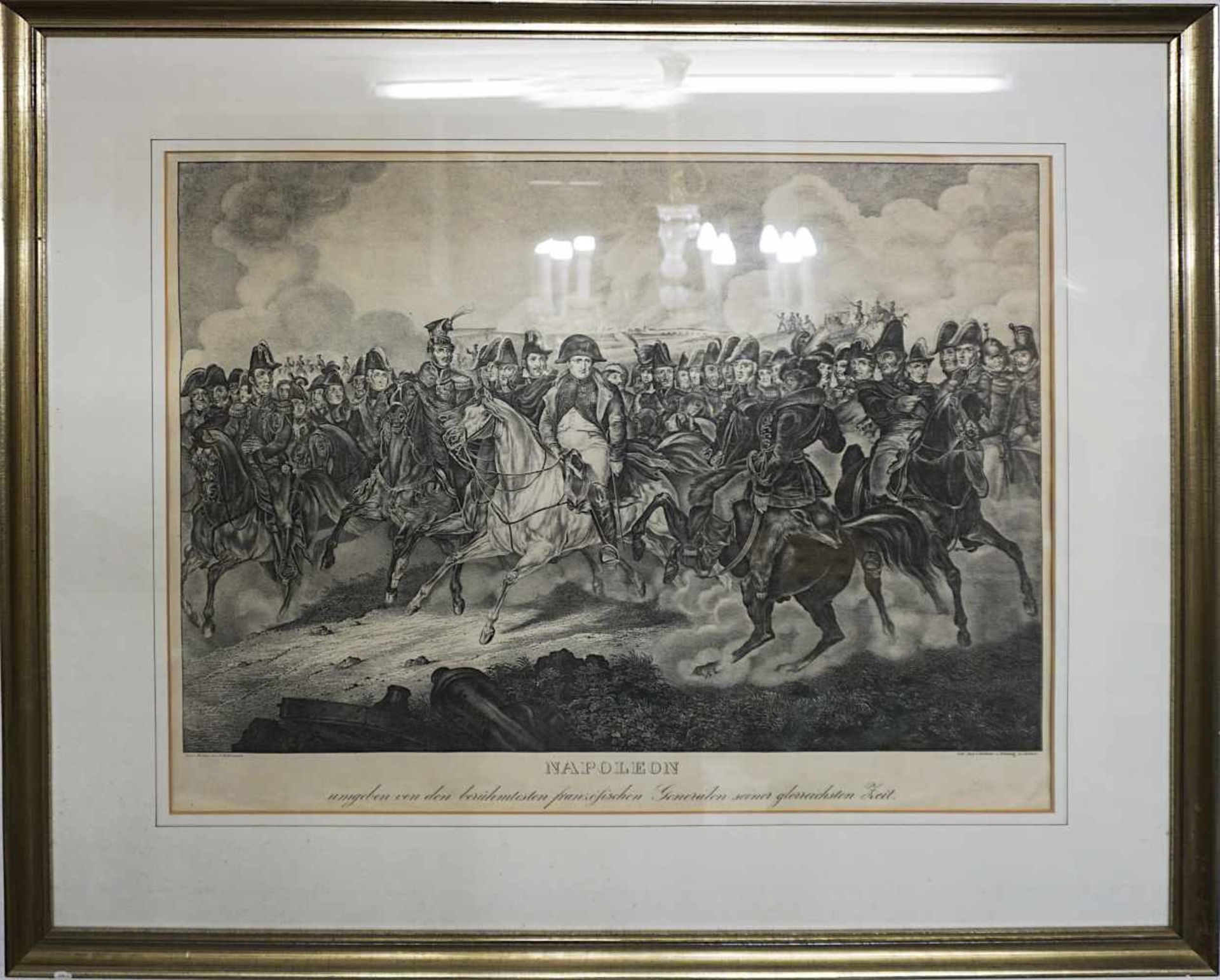 1 Lithographie "Napoleon, umgeben von den berühmtesten französischen Generälen seiner glorrei