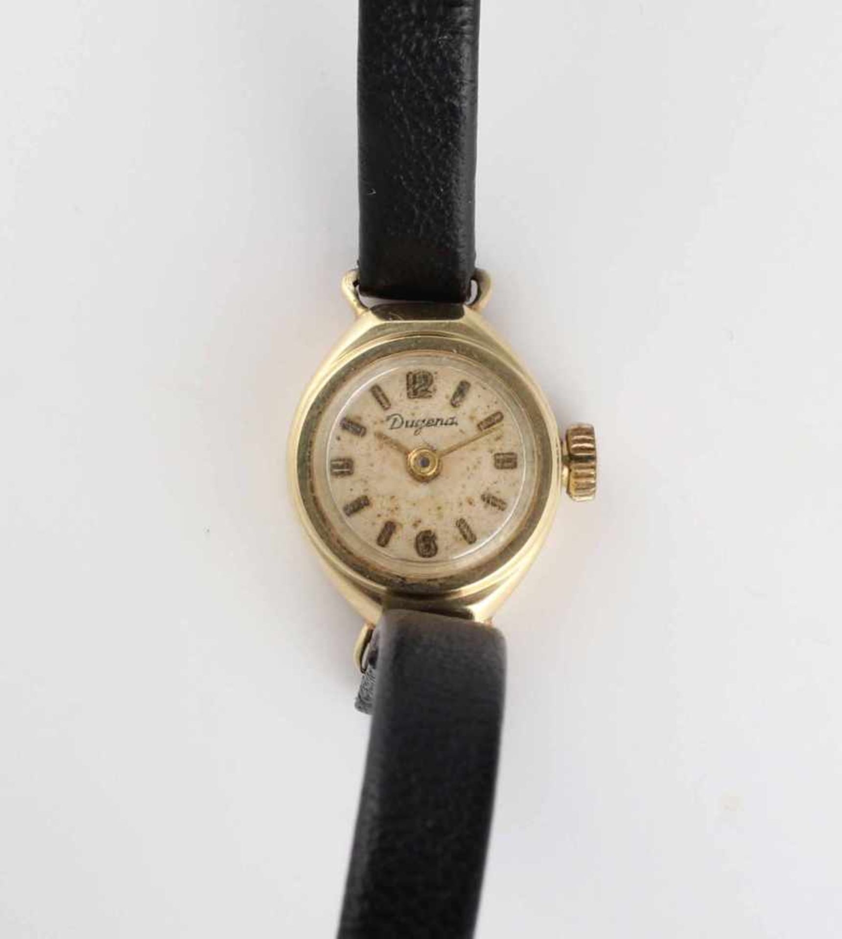 Damenarmbanduhr, Dugena585 GG, schwarzes Lederband, Zifferblatt fleckig, nicht gangbar