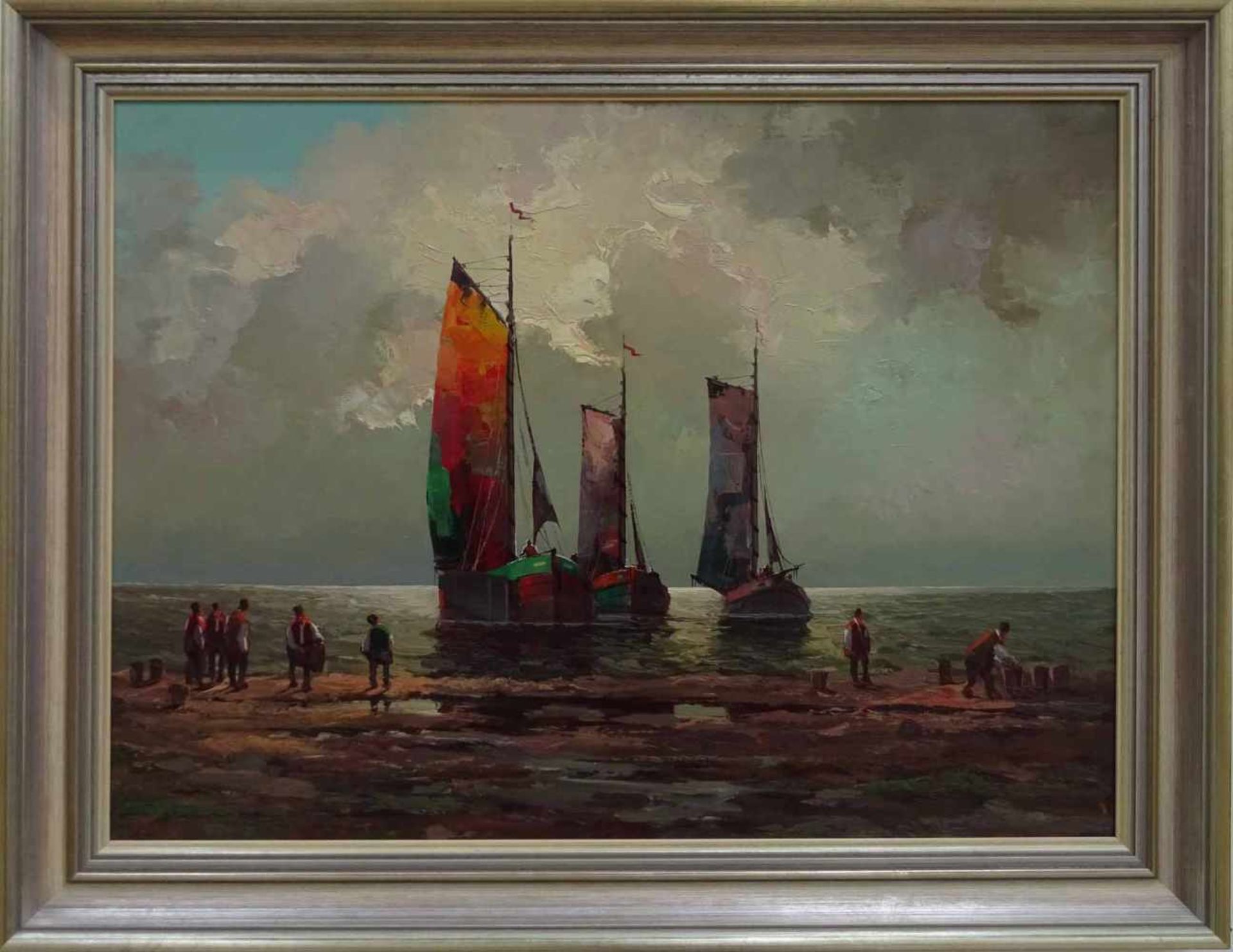 Eduard Nowak, l.u.sig.geb. 1921, 'Fischerboote vor der Küste', Öl/Lwd., 60 x 80 cm