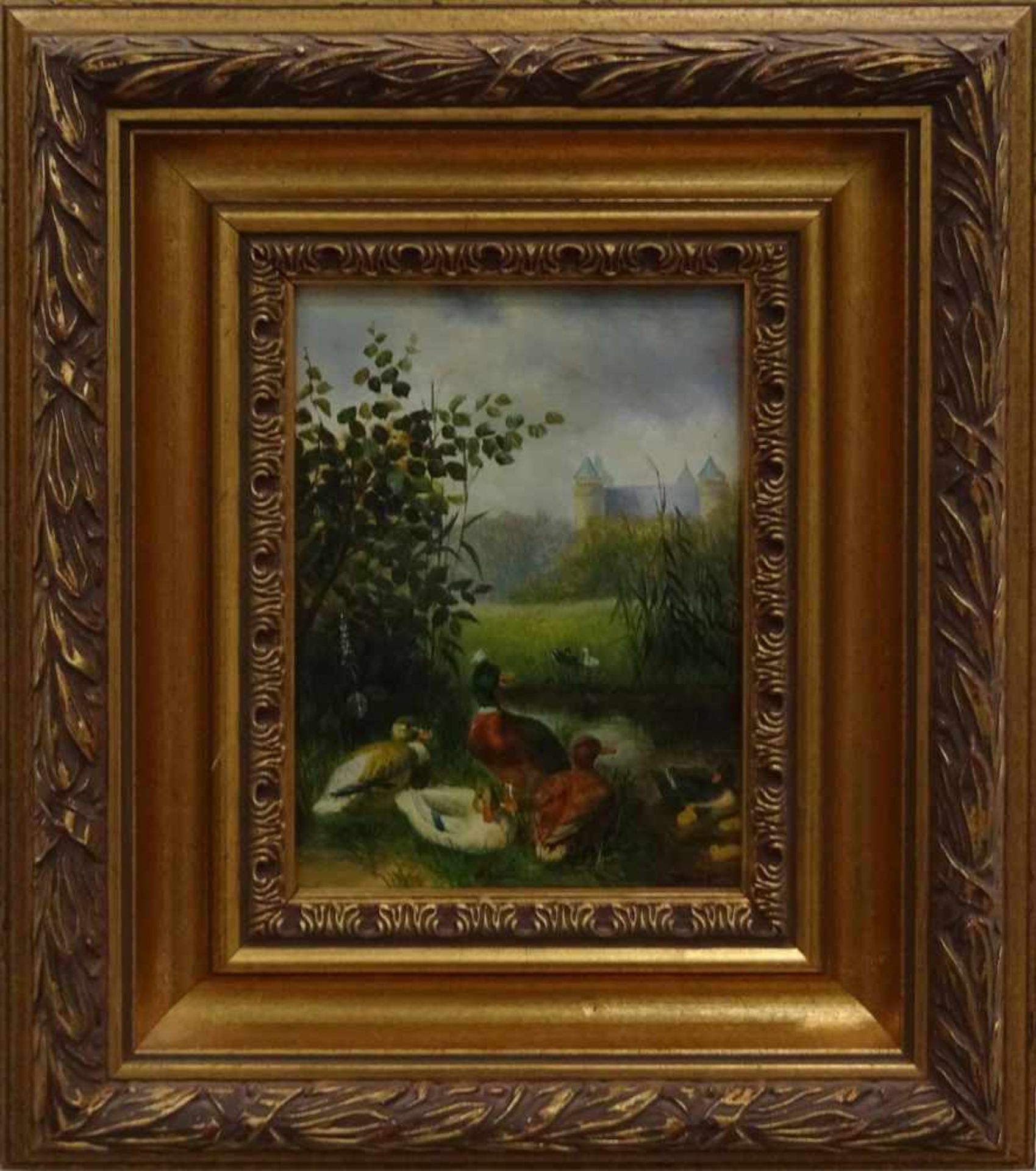 E. Traube, r.u.sig.'Enten am Ufer', Öl/Holz, 18 x 13 cm