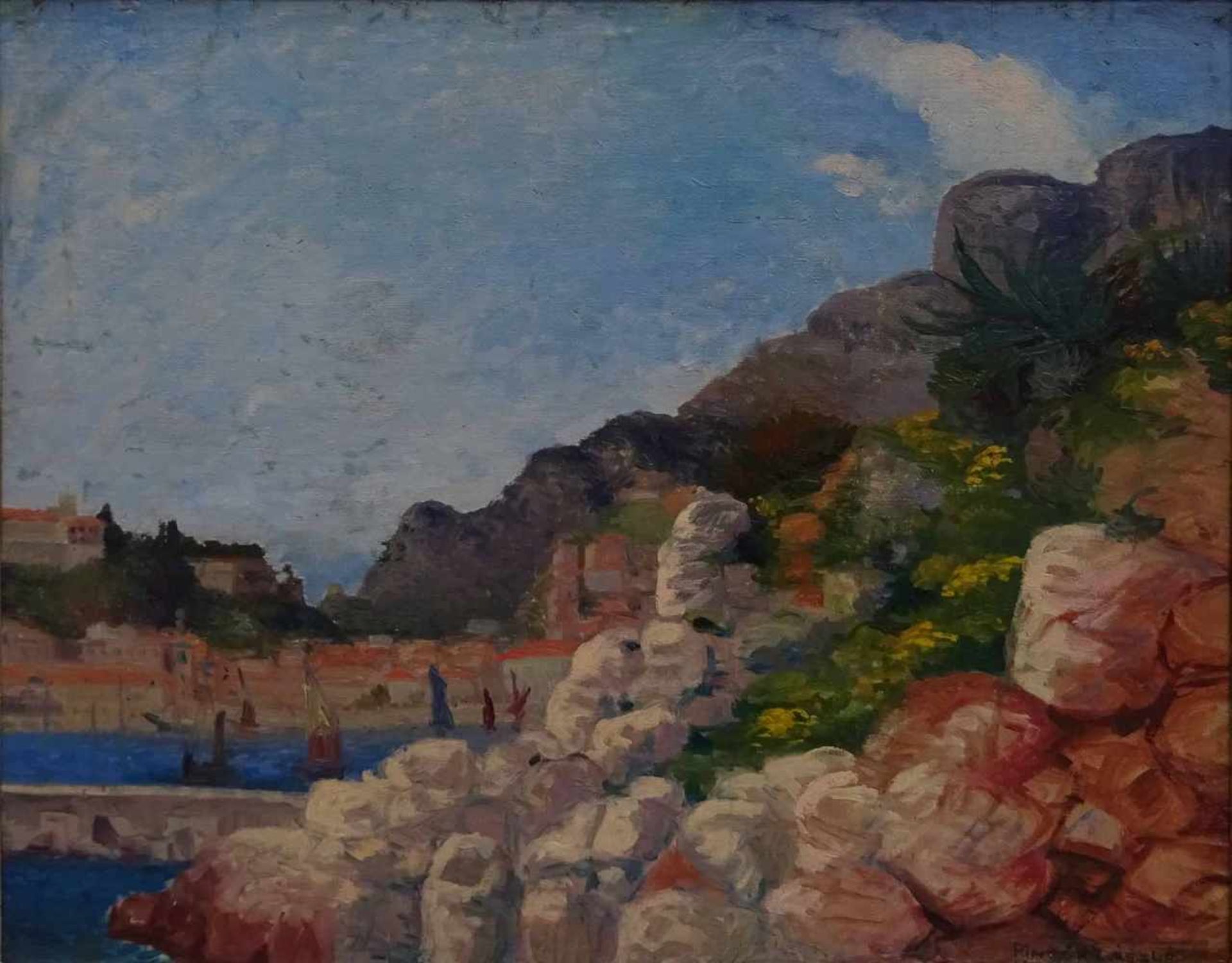 Laszlo Pinter, r.u.sig., undeutl.ortsbez.'Südländische Küste', Öl/Lwd., aufgezogen, 40 x 49,5 cm