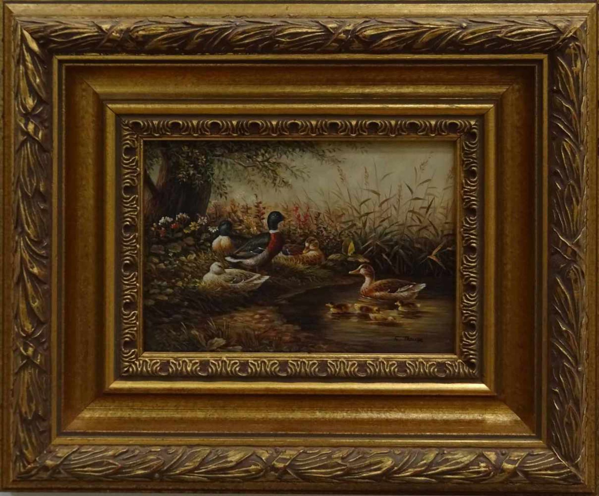 E. Traube, r.u.sig.'Enten am Ufer', Öl/Holz, 13 x 18 cm